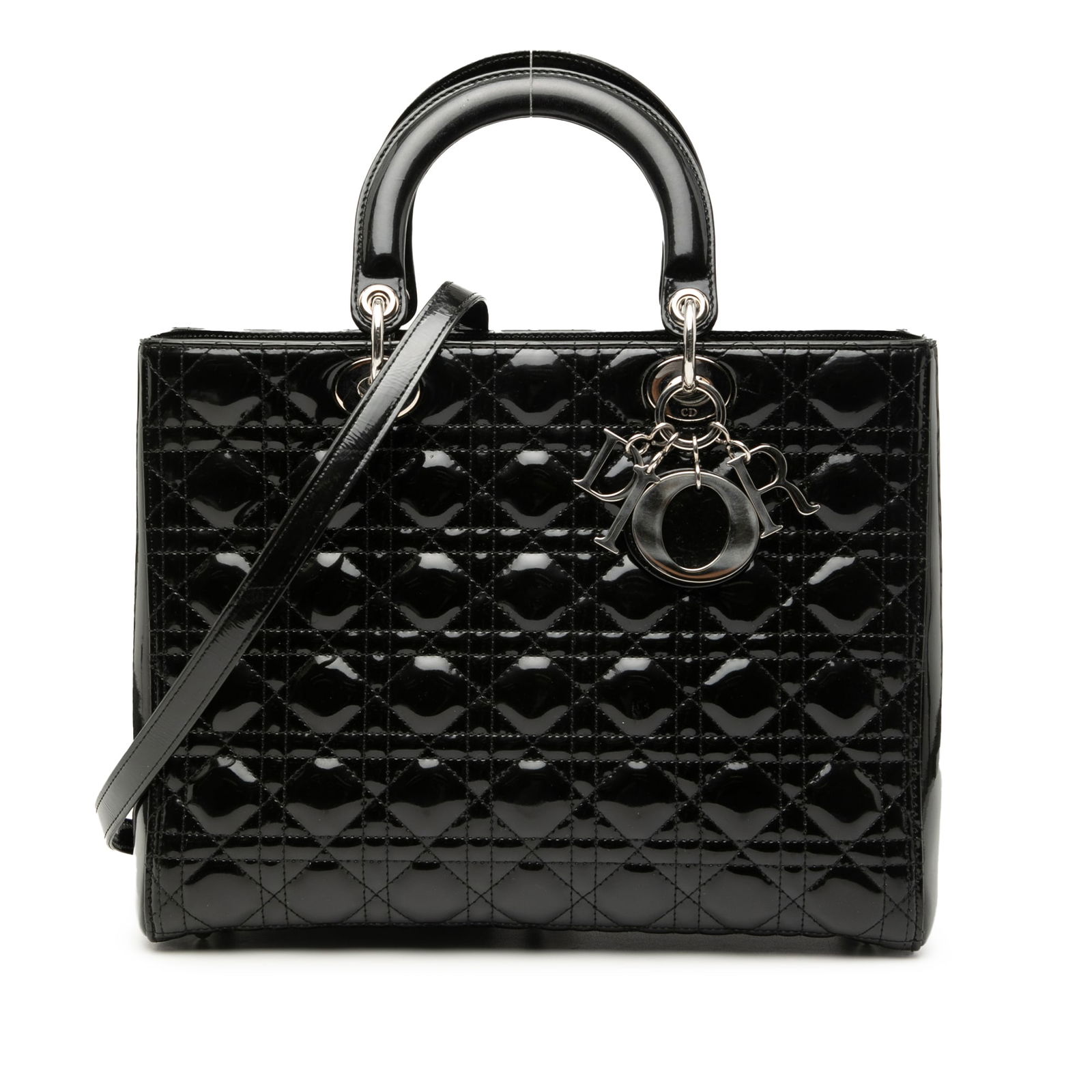 Dior Lady Dior Large Black Patent Cannage Quilted Leather Handbag: Dior Lady Dior Large Black Patent Cannage Quilted Leather Handbag This Lady Dior handbag features a quilted patent leather exterior in black, flat leather top handles, a detachable flat strap, a top z
