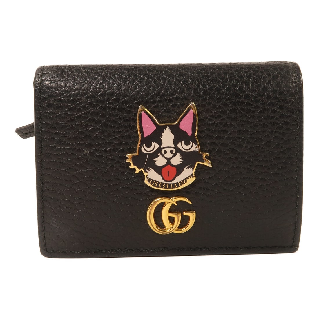 Black Calfskin Bi-Fold Wallet with Terrier Motif GG GHW by Gucci: Black Calfskin Bi-Fold Wallet with Terrier Motif GG GHW by Gucci This is a Gucci bi-fold wallet crafted from black calfskin leather and features the GG motif and terrier dog design. It is designed for