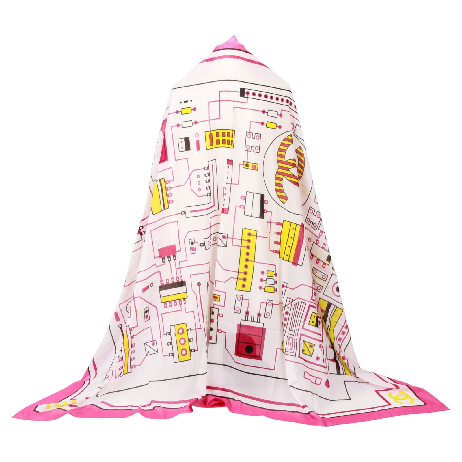 Chanel Oversized Pink and White Geometric Shawl Scarf 70in: Chanel Oversized Pink and White Geometric Shawl Scarf 70in Elevate your wardrobe with this stunning Chanel Oversize Pink Shawl Scarf. Featuring a chic pink and white geometric design, this luxurious s