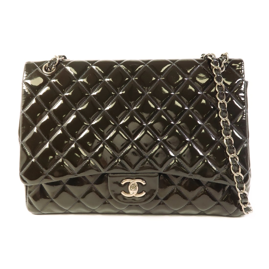 CHANEL Maxi Classic Chain Shoulder Bag Dark Green Patent Leather (1 of 18)