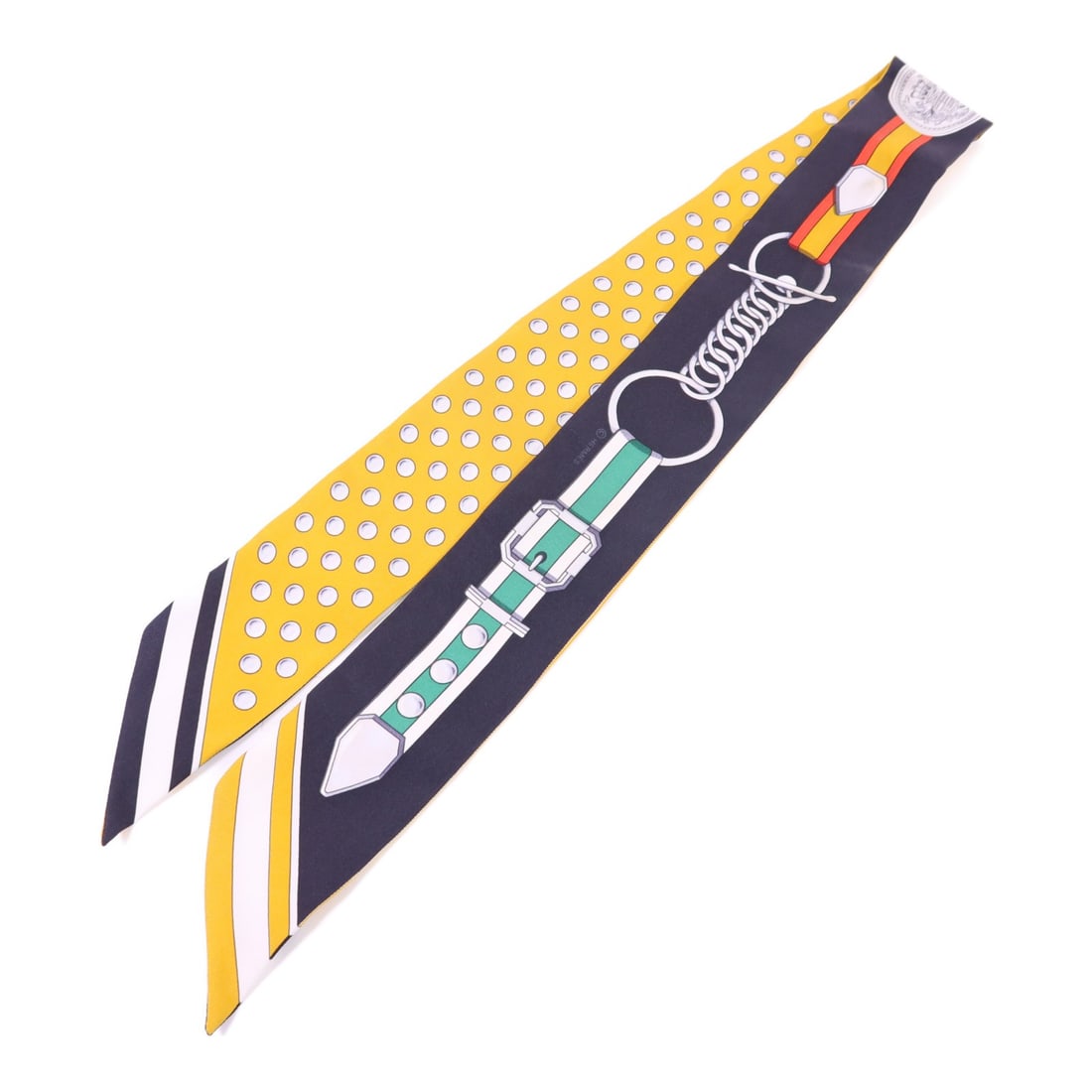 Silk Twilly Scarf in Black and Yellow by Hermes: Silk Twilly Scarf in Black and Yellow by Hermes This Hermes Twilly scarf is crafted from silk and features a black and yellow color scheme. Made in France, it showcases the brand's signature style and