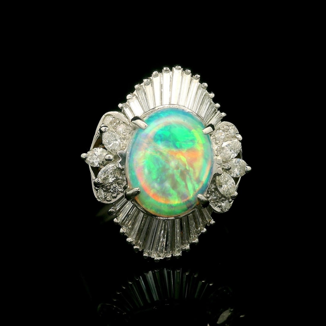 Platinum Floral Ballerina Cocktail Ring 3.13ctw Opal Diamond: Platinum Floral Ballerina Cocktail Ring 3.13ctw Opal Diamond This exquisite cocktail ring features a stunning floral ballerina design, crafted in solid 0.900 platinum. At its center is a natural genui