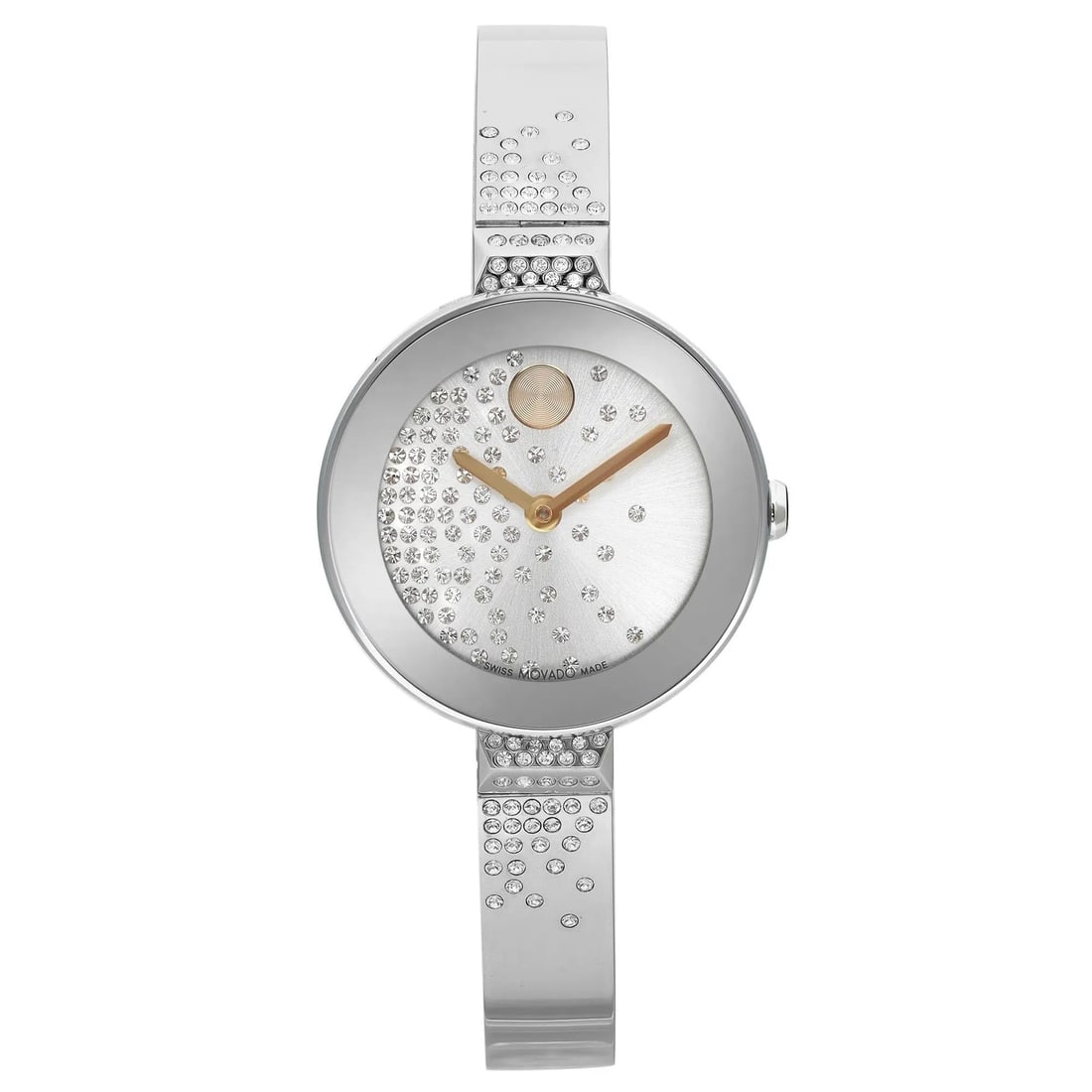 Movado BOLD 28mm Quartz Ladies Watch Silver Sunburst Dial Steel Gray Band 3600925: Movado BOLD 28mm Quartz Ladies Watch Silver Sunburst Dial Steel Gray Band 3600925 Discover the elegance of the Movado BOLD Ladies Watch, featuring a stunning 28mm round case crafted from polished stai