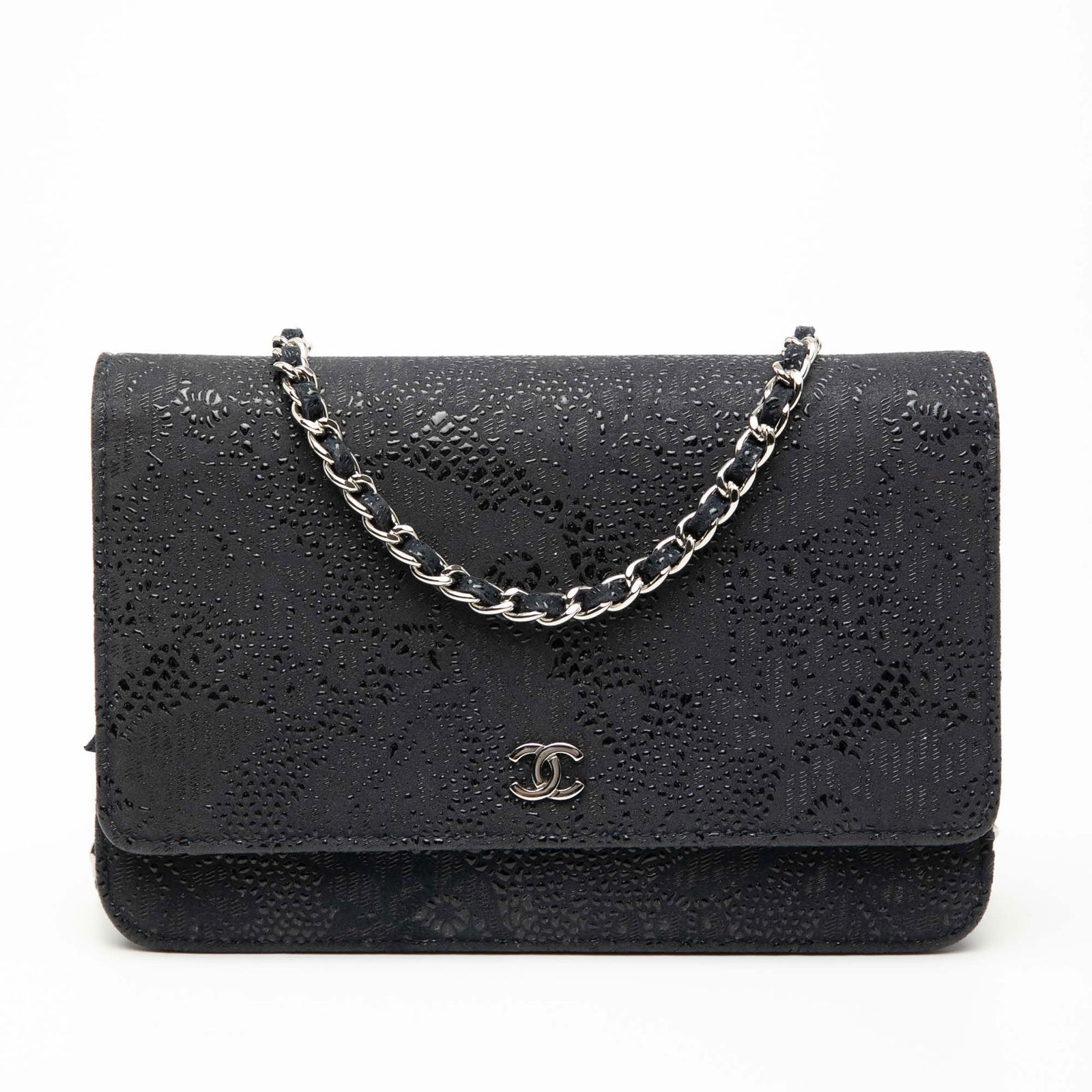 Chanel Wallet On Chain CC Lace Overlay Blue Goatskin Crossbody Bag: Chanel Wallet On Chain CC Lace Overlay Blue Goatskin Crossbody Bag This Chanel CC Lace Overlay Goatskin Wallet On Chain features a blue goatskin leather body with a delicate lace overlay, complemented