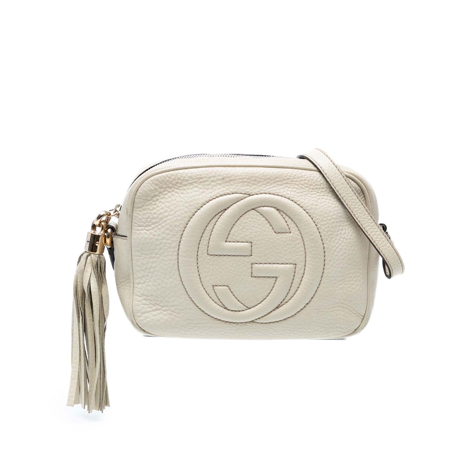 Gucci White Leather Soho Disco Crossbody Bag with Tassel: Gucci White Leather Soho Disco Crossbody Bag with Tassel The Gucci Leather Soho Disco Crossbody is a stylish and functional bag made from high-quality leather. It features an adjustable flat leather s