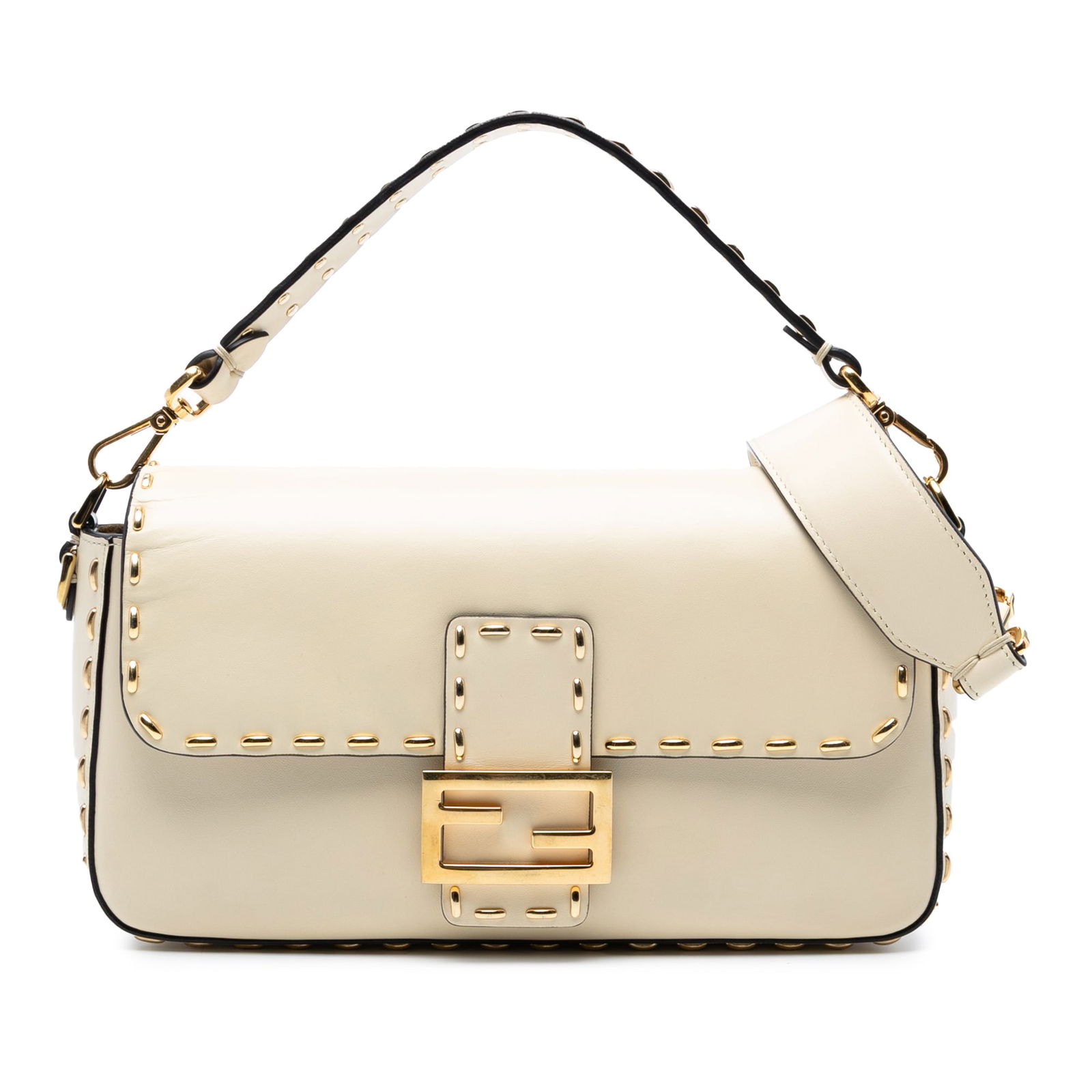 Fendi Baguette Satchel in Brown Leather with Metal Stitch Accents: Fendi Baguette Satchel in Brown Leather with Metal Stitch Accents This Fendi Baguette satchel showcases a leather body with distinctive metal stitch accents. It features a flat leather handle, a detac