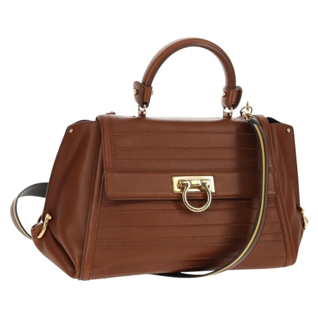 Salvatore Ferragamo Gancini Small Sofia Leather Handbag Brown Gold Authentic (1 of 18)