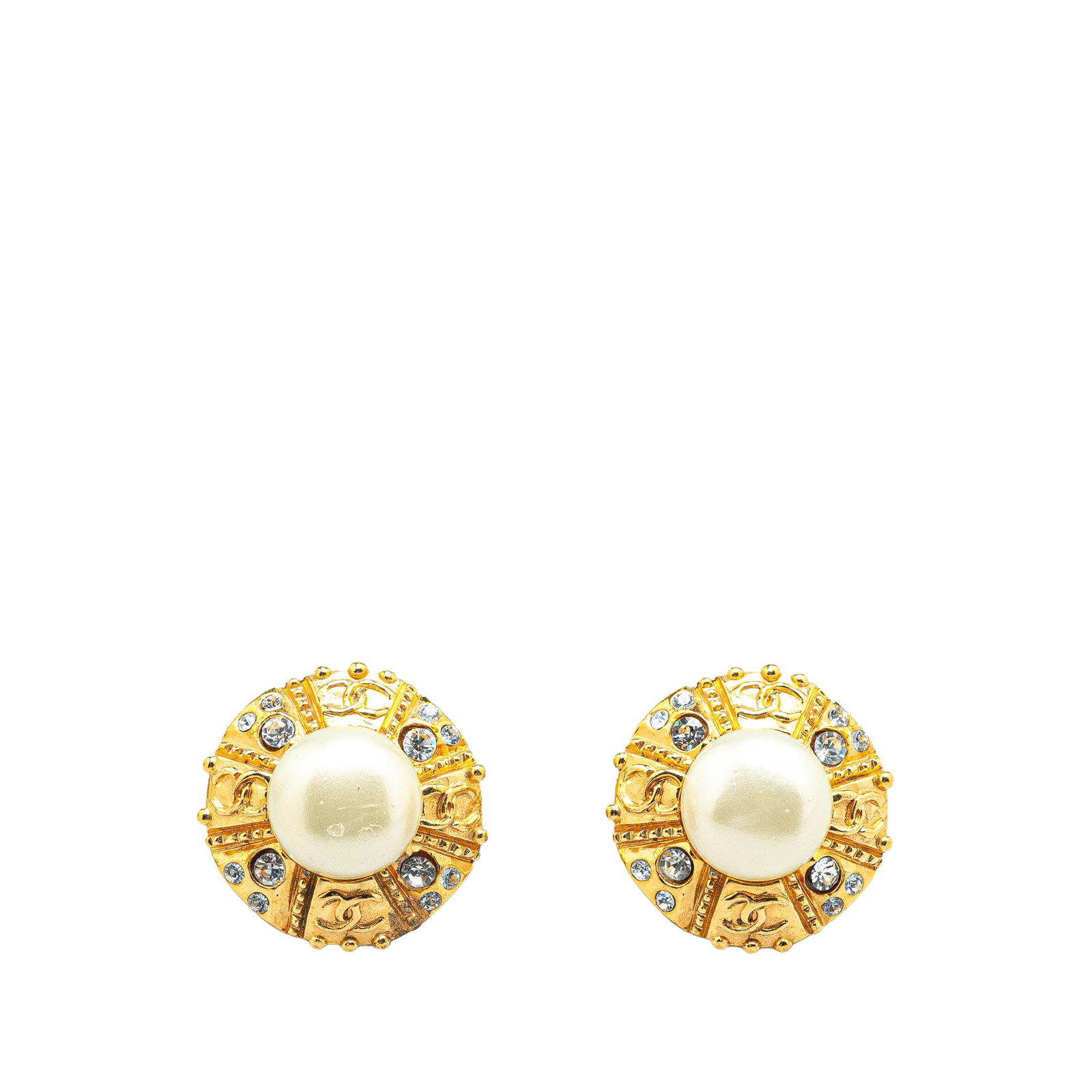 Chanel Gold Plated Round Faux Pearl Rhinestone Clip-On Earrings (1 of 3)