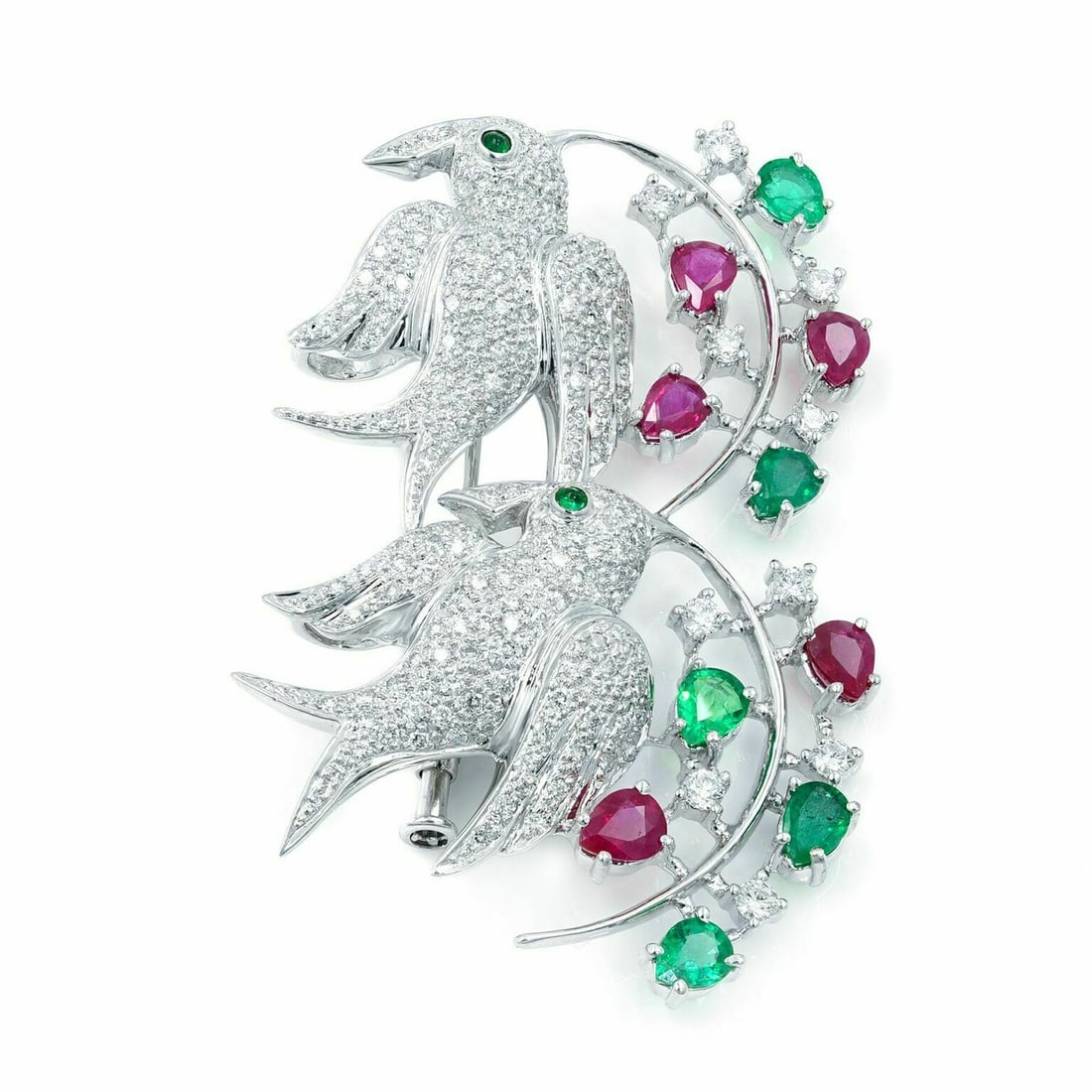 Rachel Koen 18K White Gold Bird Brooch with Diamonds Emeralds Rubies 5.52Cttw (1 of 4)