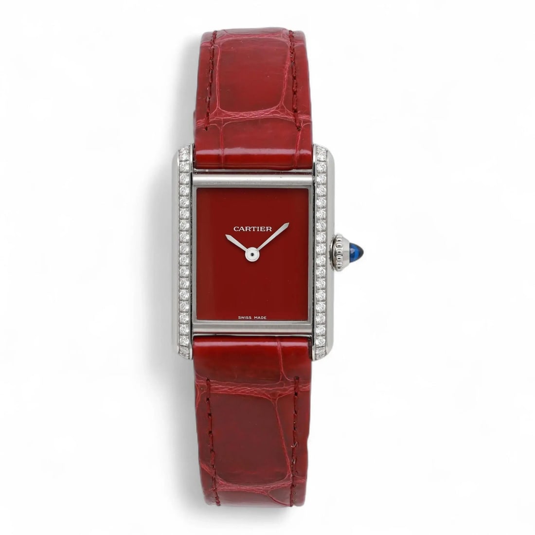 Red Dial Cartier Tank Must Small Diamond Quartz Watch W4TA0022 22x27mm Steel (1 of 5)
