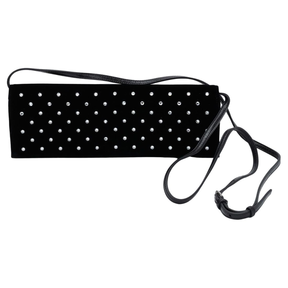 Yves Saint Laurent Black Velvet Crystal Clutch Bag with Strap: Yves Saint Laurent Black Velvet Crystal Clutch Bag with Strap Elevate your accessory collection with this exquisite Yves Saint Laurent clutch bag. Crafted from luxurious black velvet, this bag feature