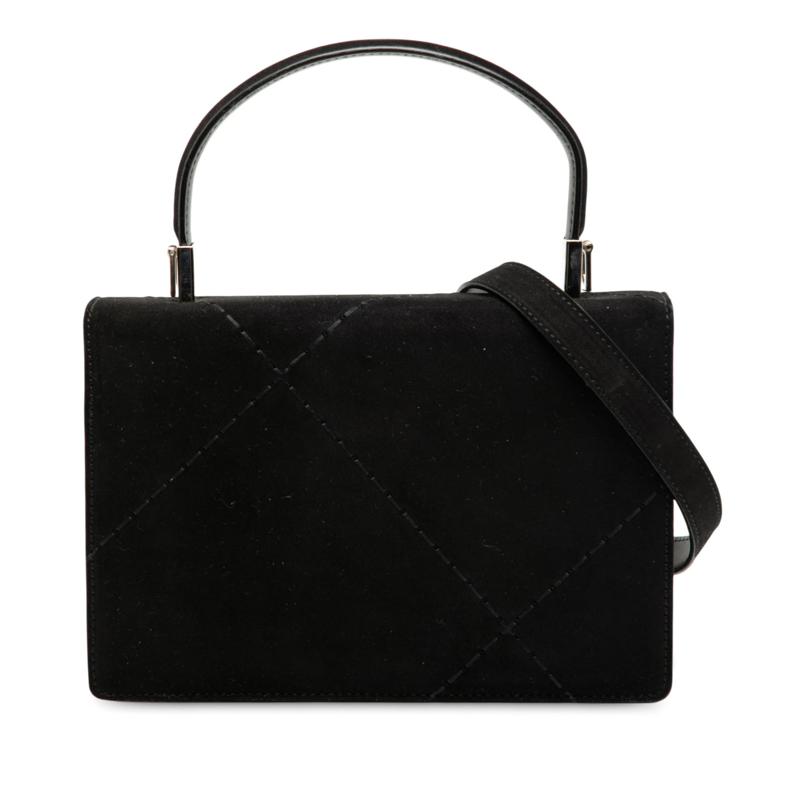 Ferragamo Black Suede Satchel with Detachable Strap: Ferragamo Black Suede Satchel with Detachable Strap This Ferragamo suede satchel boasts a sophisticated suede leather body complemented by a sturdy leather top handle and a detachable flat leather str