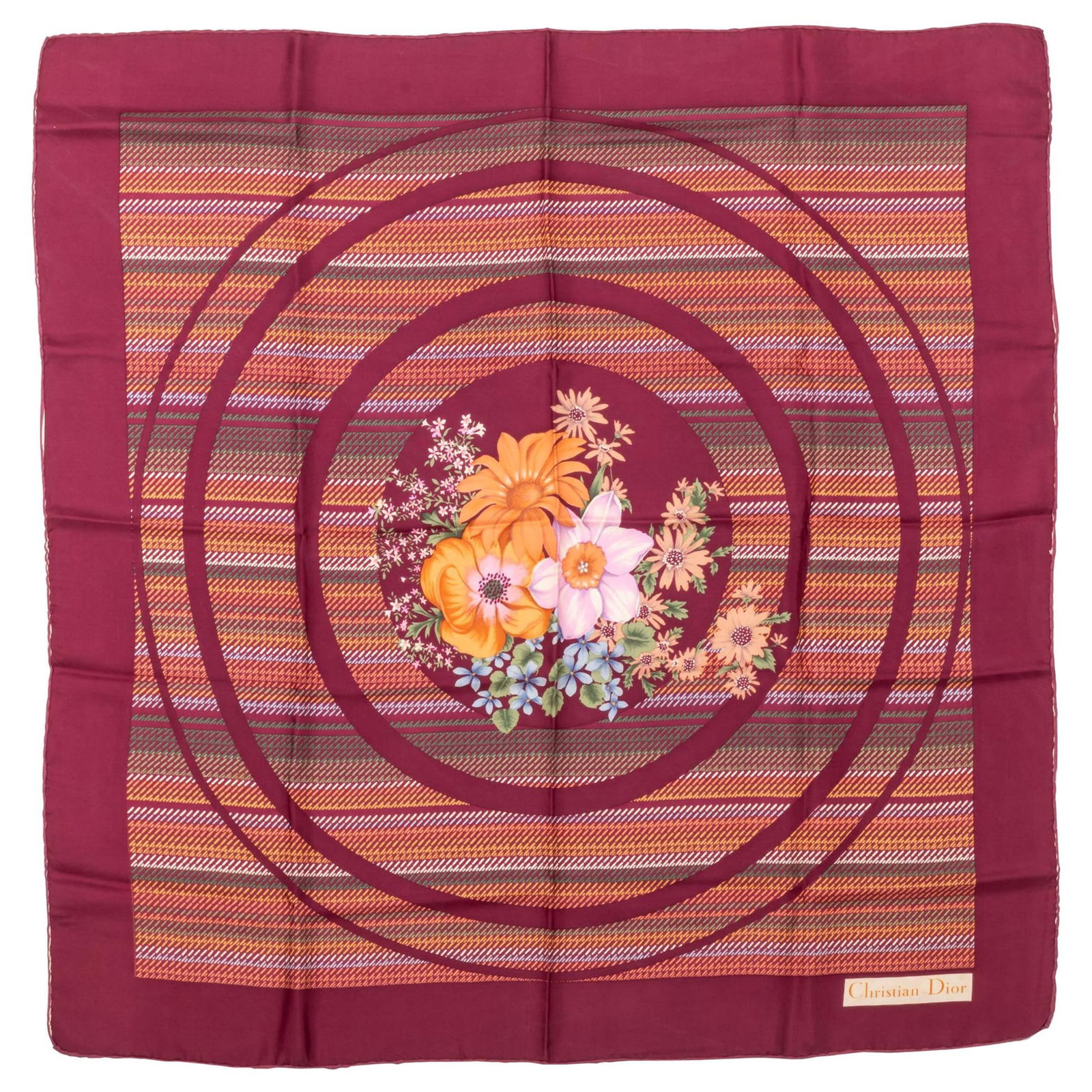 Christian Dior Vintage Burgundy Silk Chiffon Flower Scarf 30in: Christian Dior Vintage Burgundy Silk Chiffon Flower Scarf 30in This exquisite vintage scarf from Christian Dior features a stunning flower bouquet design, beautifully rendered in a rich burgundy and m