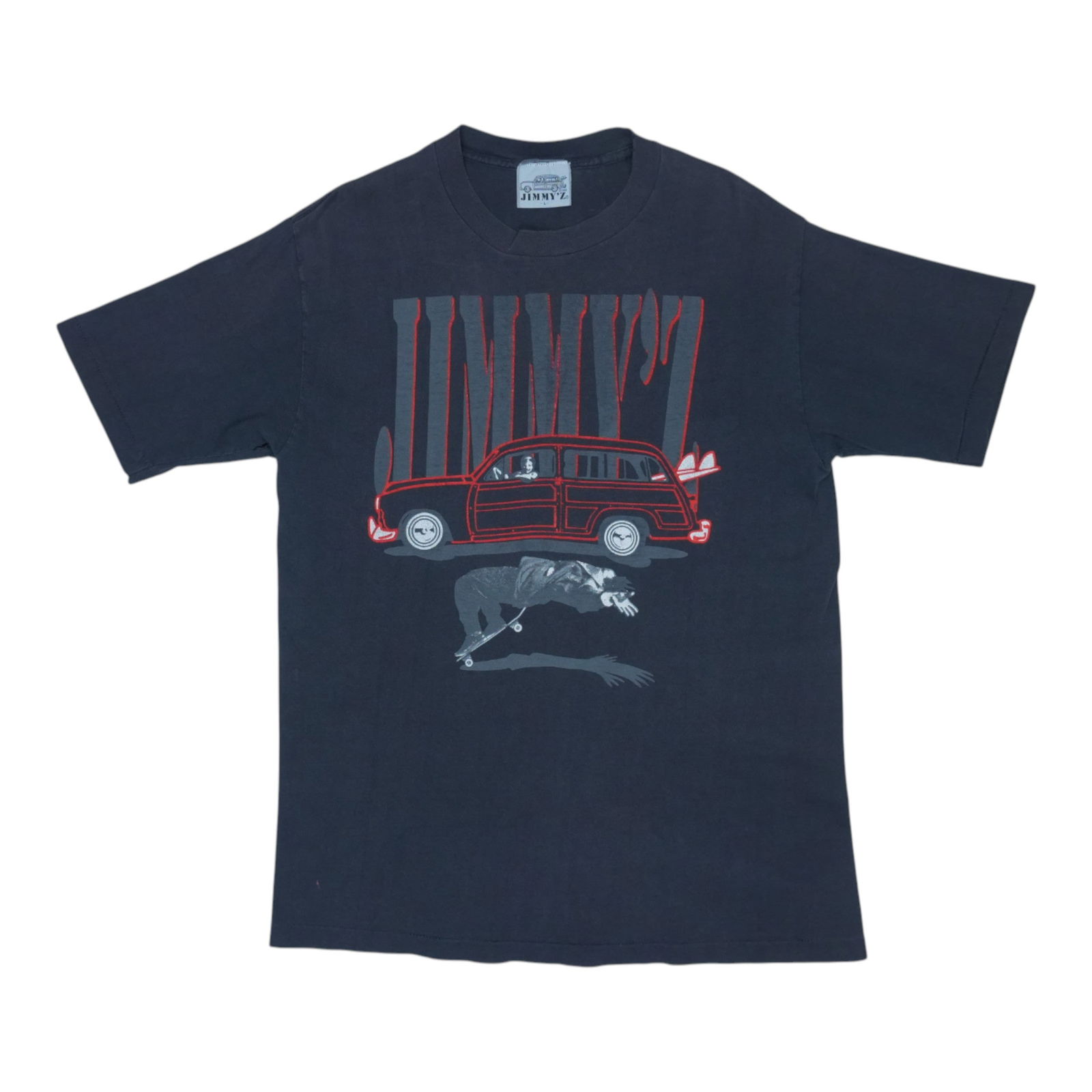 Vintage 1980s Black Jimmy'z Graphic Cotton Shirt Size Large: Vintage 1980s Black Jimmy'z Graphic Cotton Shirt Size Large This is an original vintage Jimmy'z shirt from the 1980s, featuring graphics on both the front and back. Made from 100% cotton in black, the