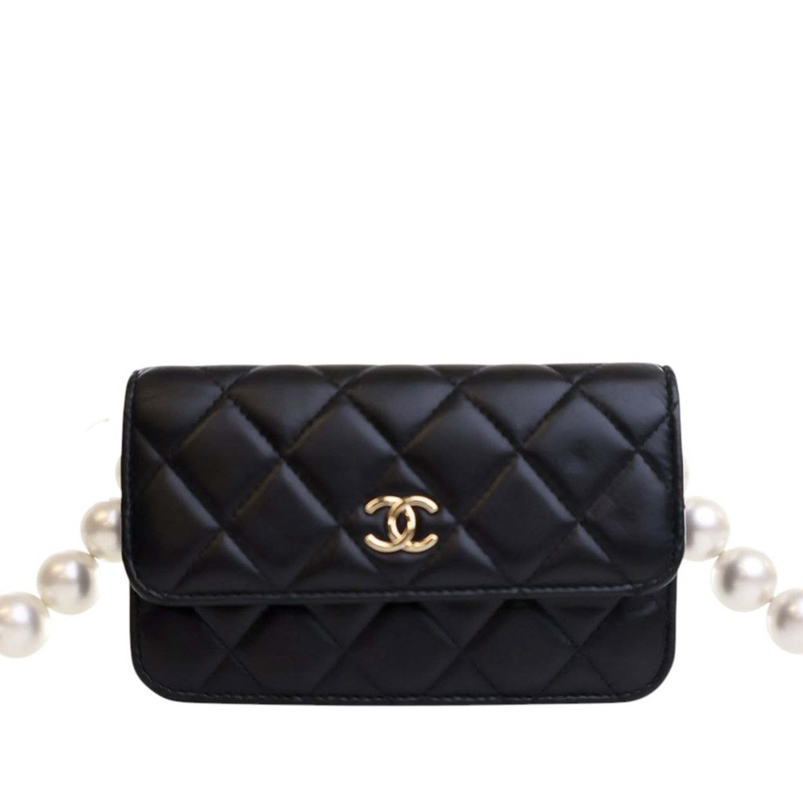 Chanel Quilted Lambskin Maxi Pearls Clutch Black with Chain: Chanel Quilted Lambskin Maxi Pearls Clutch Black with Chain Elevate your style with this iconic Chanel Quilted Lambskin Maxi Pearls Clutch. Crafted from luxurious quilted lambskin leather, this black