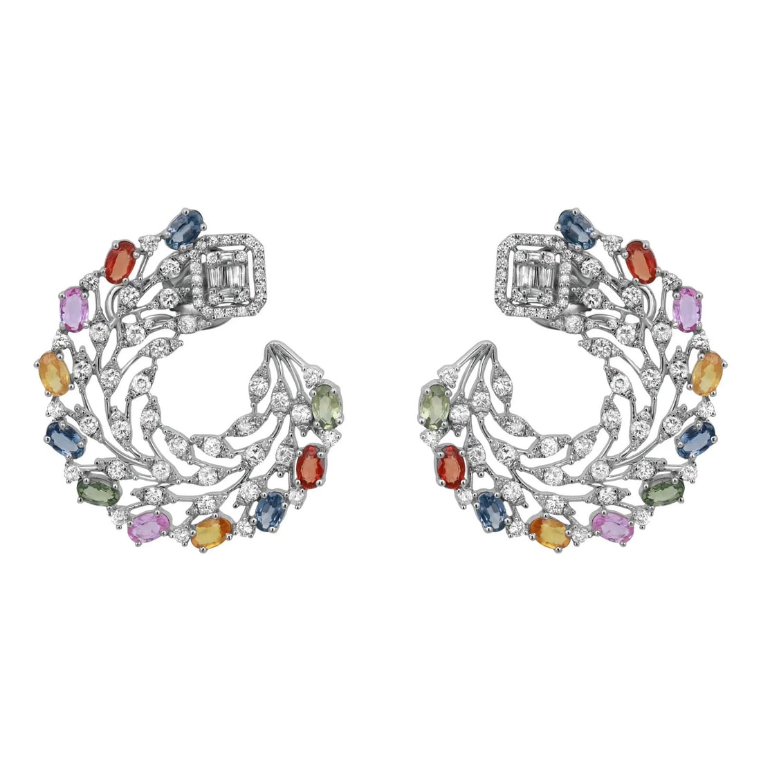 Rachel Koen Floral Earrings 14K White Gold 3.71Ct Diamonds 6.57Ct Multi Colored Sapphires (1 of 5)