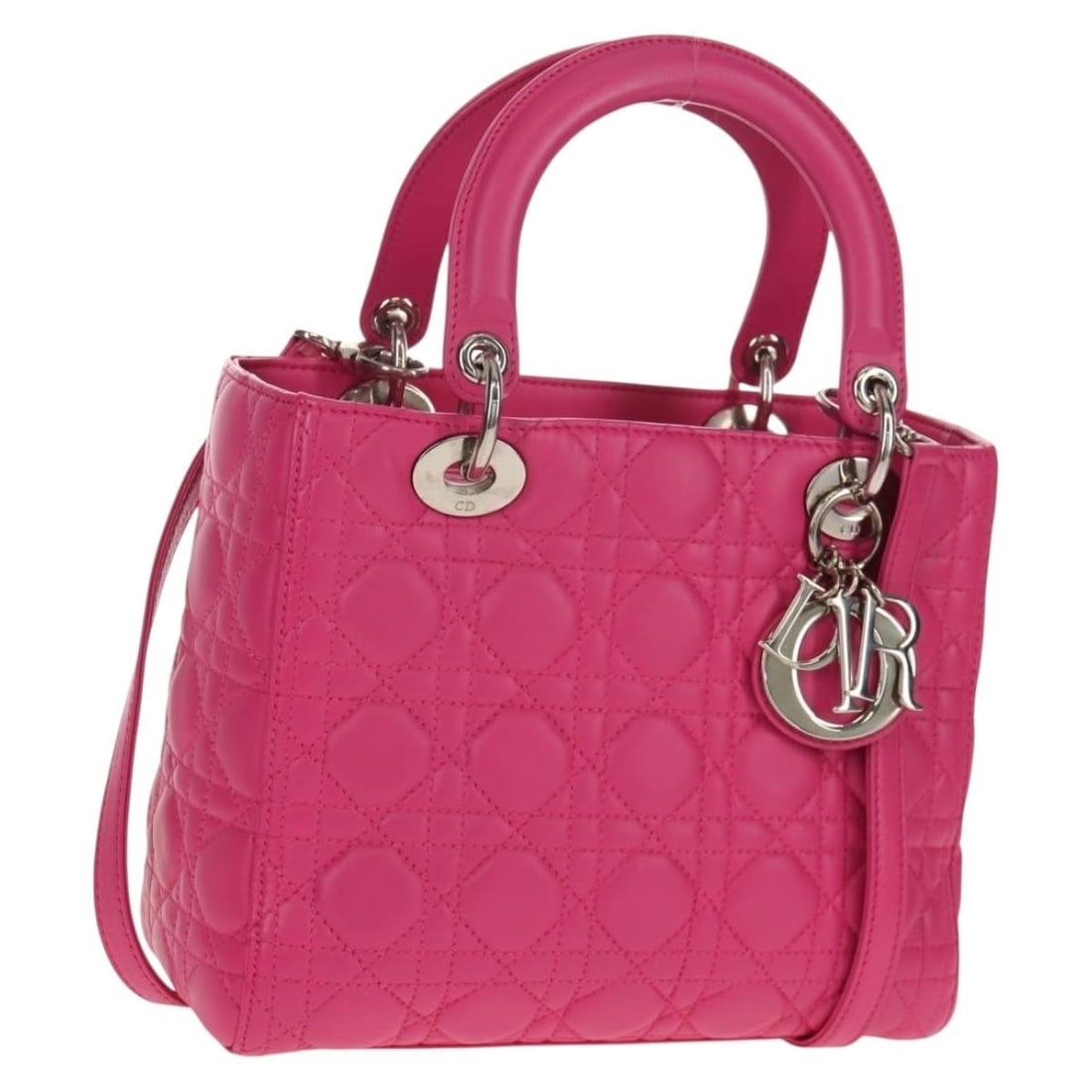 Lady Dior Cannage Pink Leather Handbag with Shoulder Strap and Charm (1 of 18)