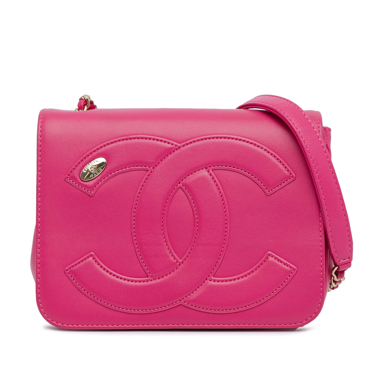Chanel Pink Lambskin CC Mania Flap Bag Italy: Chanel Pink Lambskin CC Mania Flap Bag Italy This Chanel Lambskin CC Mania Flap bag is a stylish accessory crafted from luxurious lambskin leather. It features a leather woven chain strap with a leath