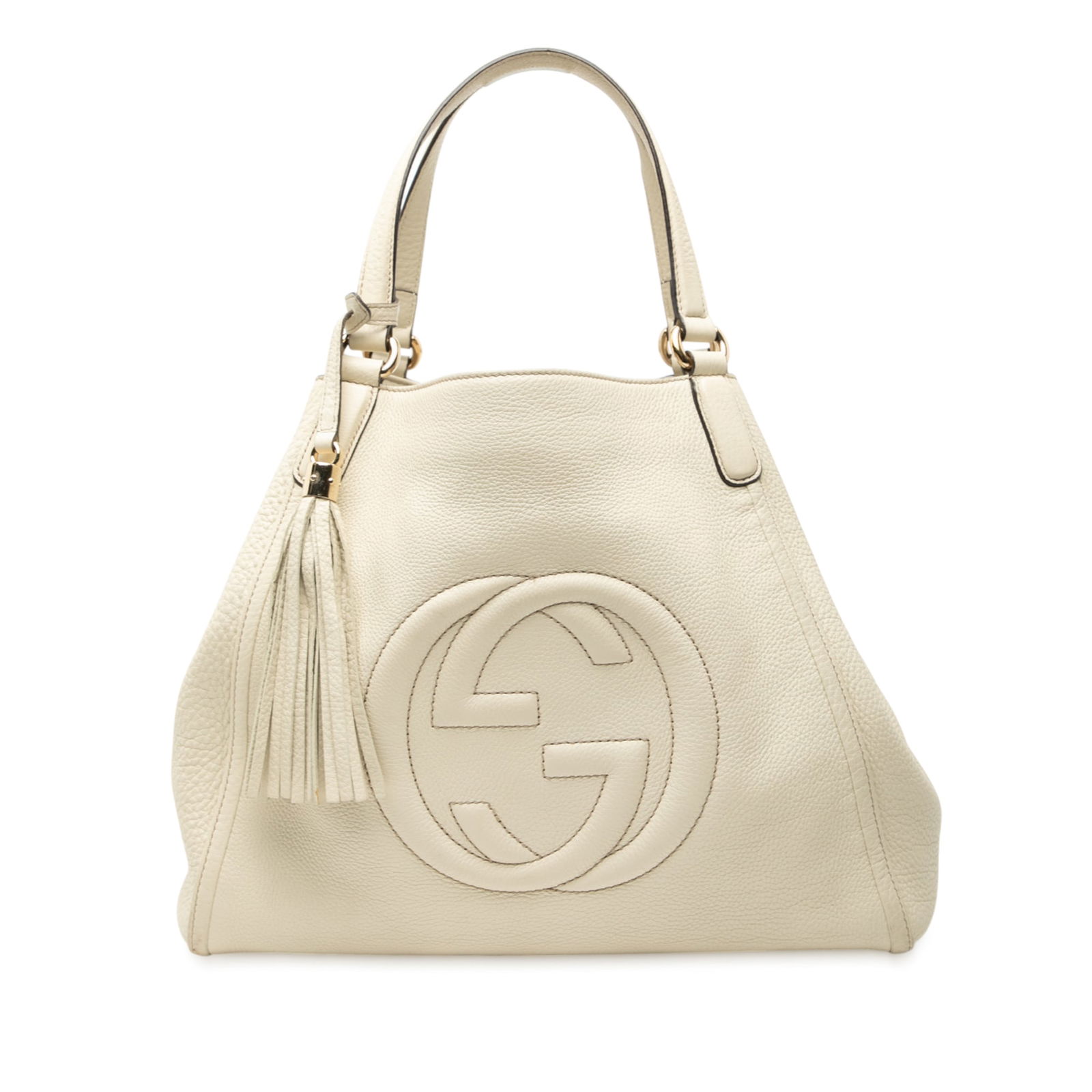 Gucci Medium Leather Soho Cellarius Tote White with Tassel: Gucci Medium Leather Soho Cellarius Tote White with Tassel The Gucci Medium Leather Soho Cellarius Tote is a sophisticated and stylish bag crafted from high-quality leather. This elegant tote features