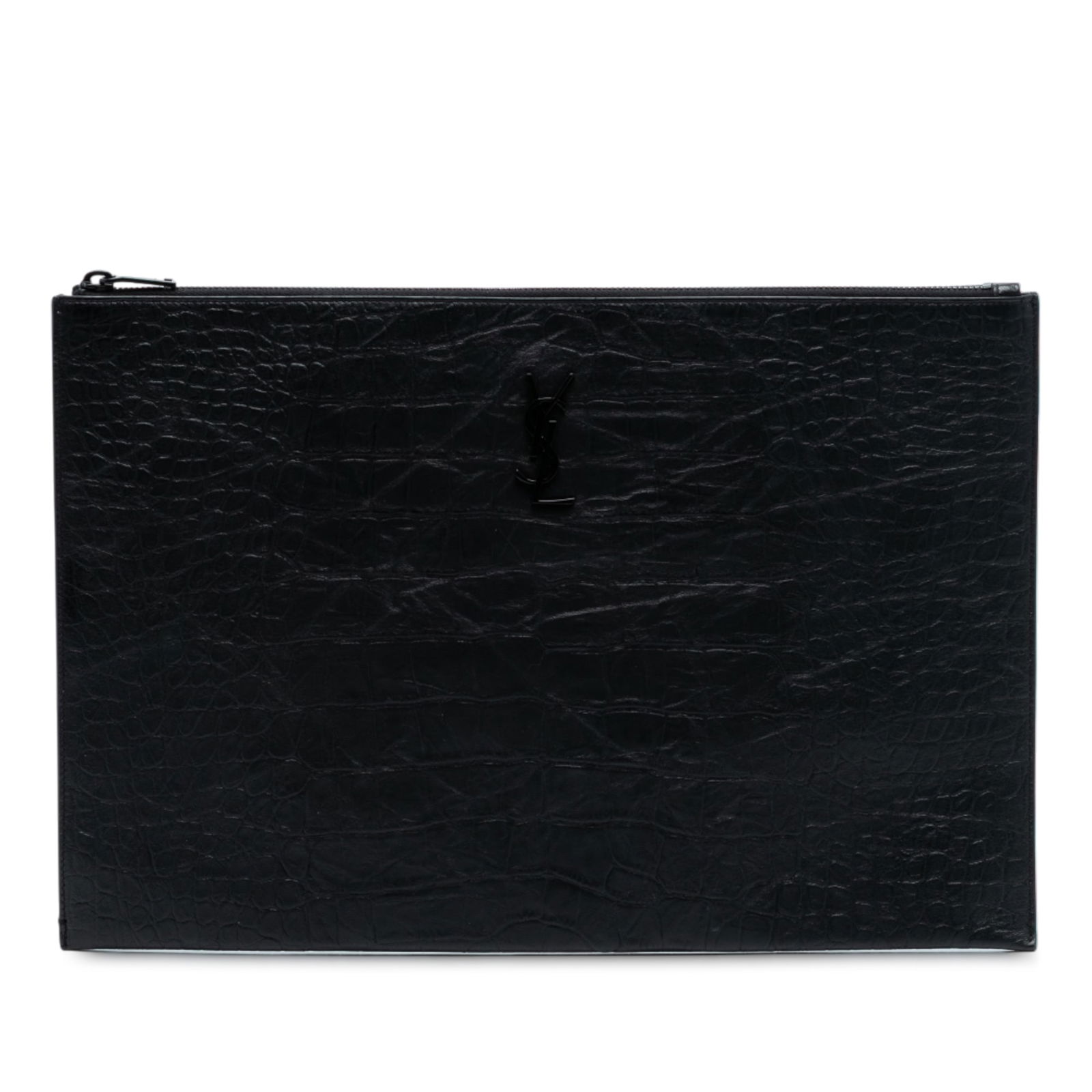 Black Croc Embossed Leather Clutch by Saint Laurent with Monogram Detail (1 of 8)