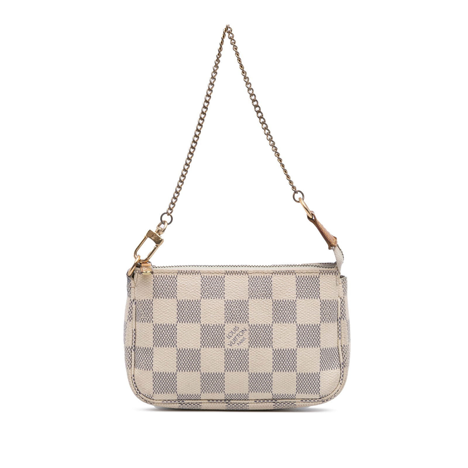 Louis Vuitton Damier Azur Mini Pochette with Chain Strap: Louis Vuitton Damier Azur Mini Pochette with Chain Strap The Louis Vuitton Damier Azur Mini Pochette Accessoires is a chic and compact bag crafted from durable Damier Azur canvas. This stylish accesso