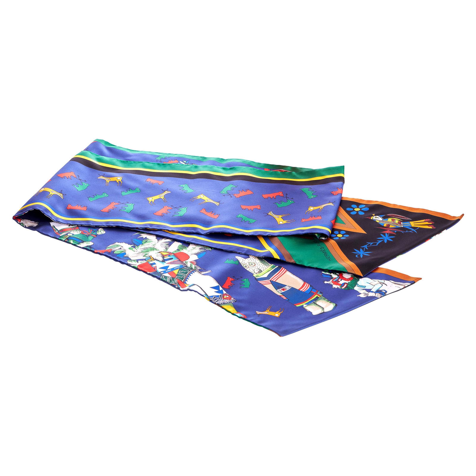 Hermes Kachinas Silk Twill Maxi Twilly Scarf 84" New in Box: Hermes Kachinas Silk Twill Maxi Twilly Scarf 84" New in Box This exquisite Hermes Kachinas Maxi Twilly Scarf is a luxurious accessory crafted from high-quality silk twill. The vibrant cobalt blue, gre