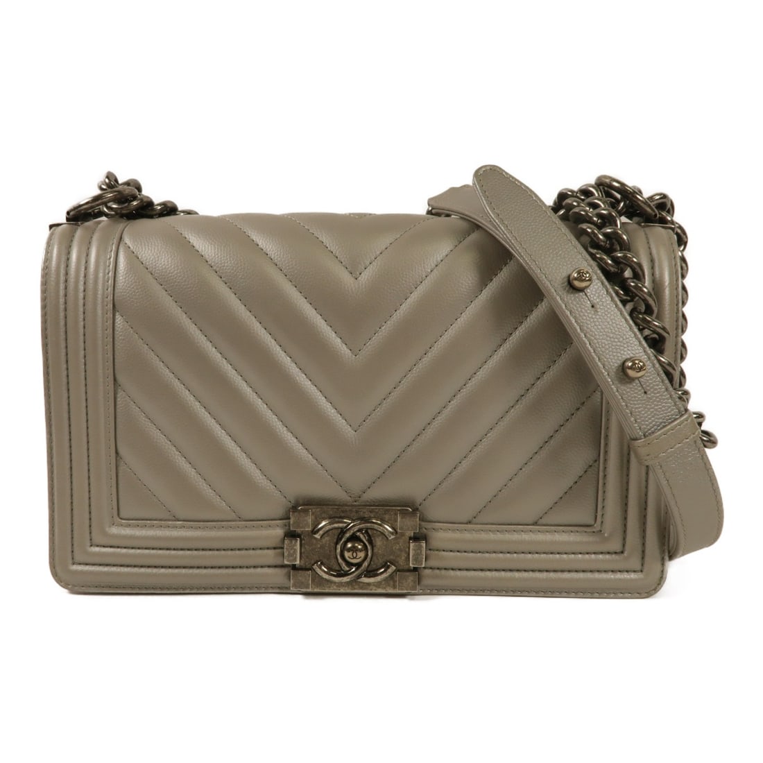 CHANEL Boy 25 Gray Calfskin Shoulder Bag A67086 with Chain Strap (1 of 16)