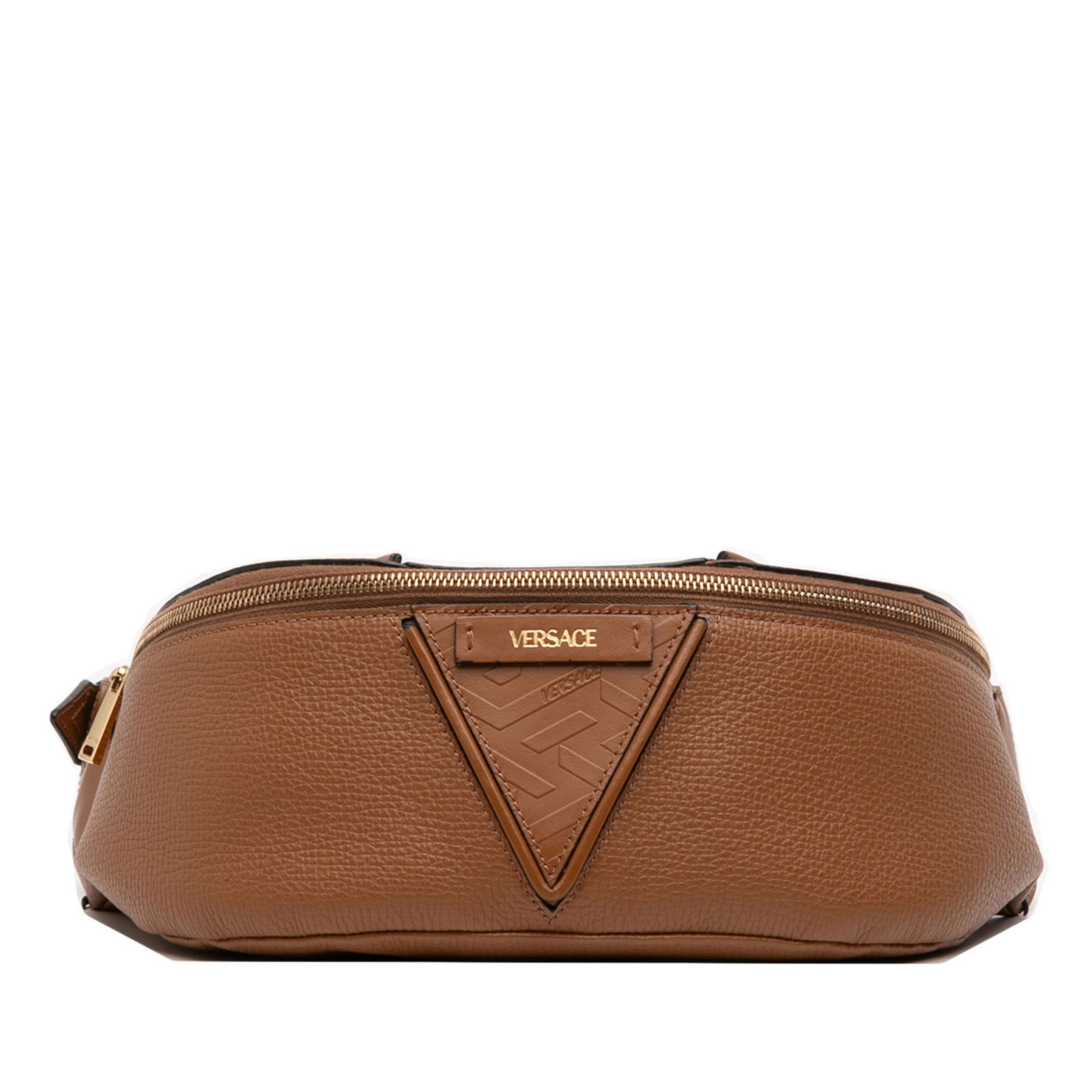 Versace V Greca Brown Leather Belt Bag with Top Zip Closure: Versace V Greca Brown Leather Belt Bag with Top Zip Closure This Versace V Greca Signature belt bag features a brown leather body, a flat leather waist strap, and a top zip closure. The bag is crafted