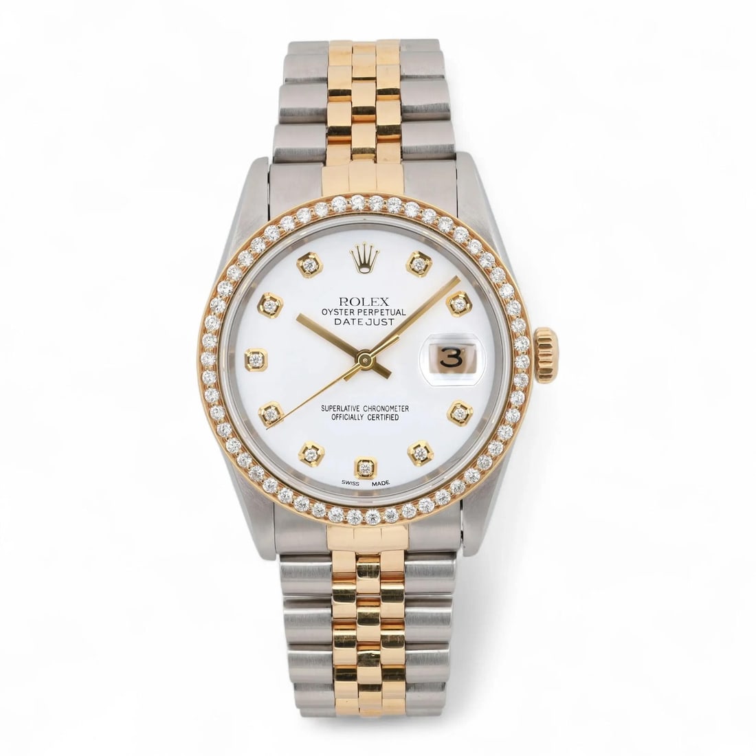 Rolex Datejust 16233 Custom Diamond Bezel White Dial Luxury Watch: Rolex Datejust 16233 Custom Diamond Bezel White Dial Luxury Watch Experience luxury with this Rolex Datejust wristwatch, model 16233, featuring a striking white diamond dial and custom diamond bezel.