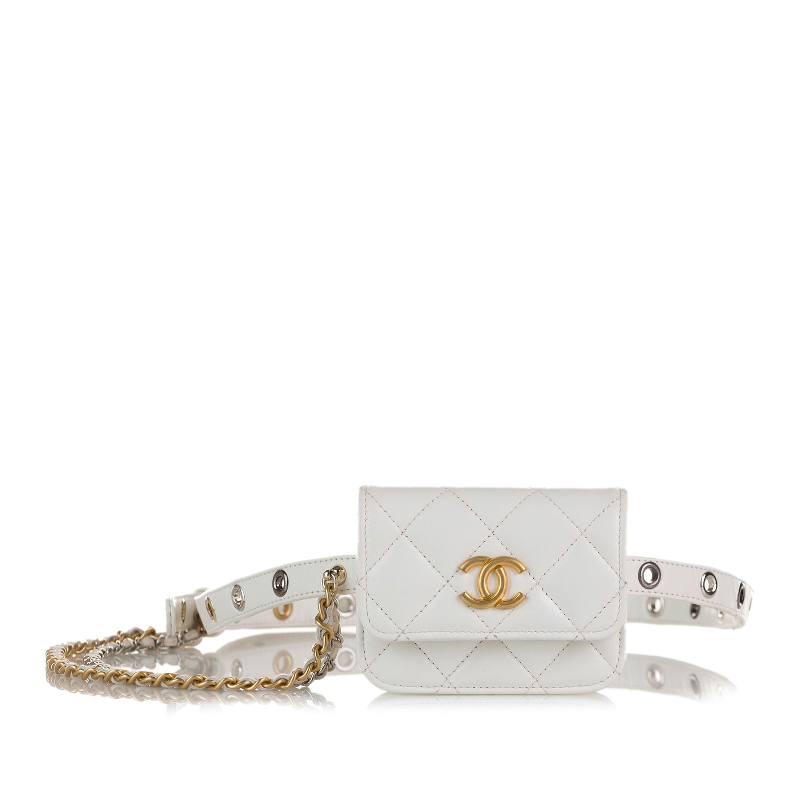 Chanel Punk Chain White Leather Belt Bag with Quilted Design: Chanel Punk Chain White Leather Belt Bag with Quilted Design This Chanel Punk Chain Leather Belt Bag showcases a stunning quilted leather body, complemented by an adjustable flat leather waist strap f
