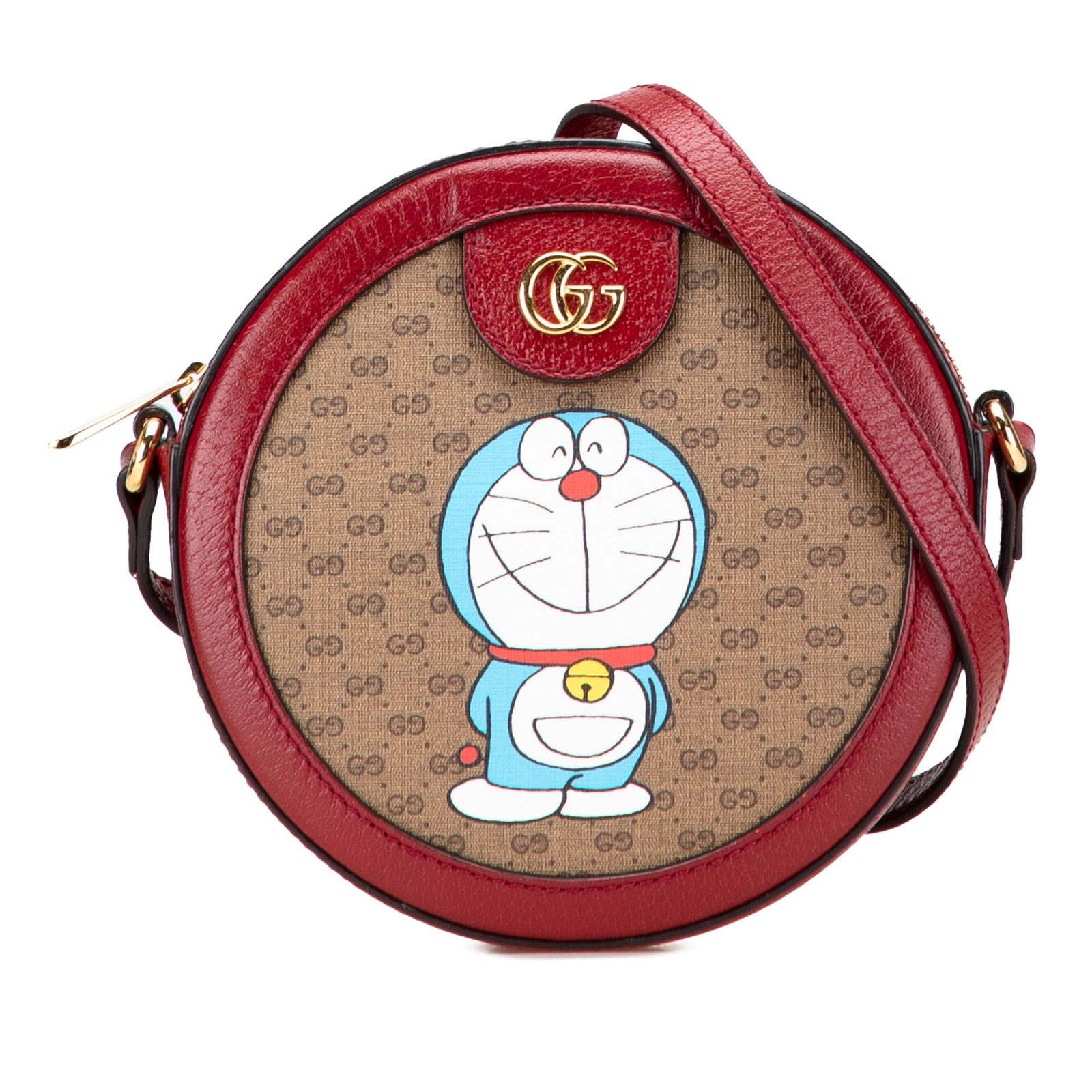 Gucci Micro GG Supreme Doraemon Round Crossbody Bag: Gucci Micro GG Supreme Doraemon Round Crossbody Bag Introducing the Gucci Micro GG Supreme Doraemon Round Crossbody, a stylish and unique accessory crafted from printed coated canvas with leather trim