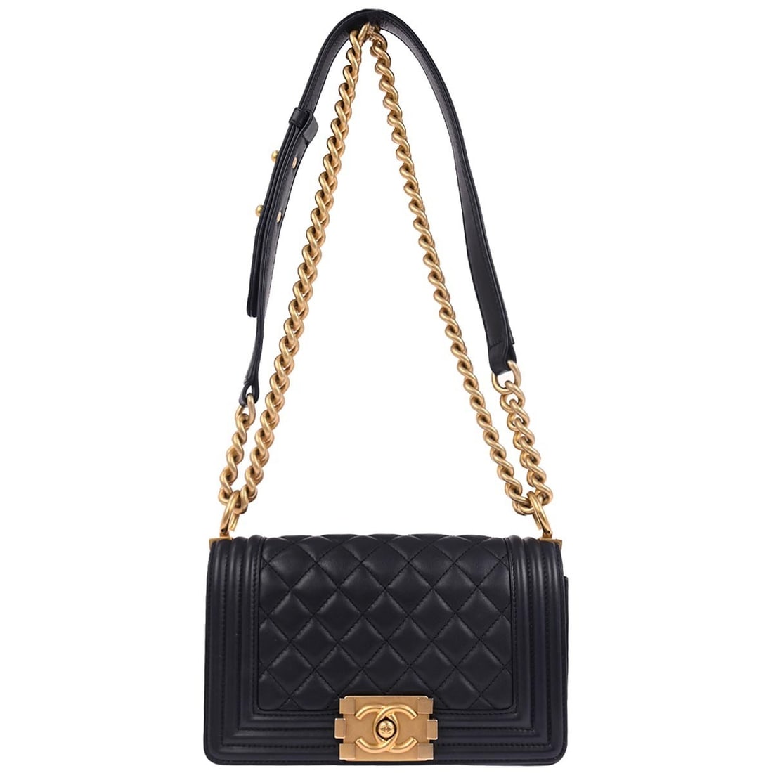 Chanel Boy Mini Navy Lambskin Leather Shoulder Bag with Chain Strap (1 of 10)