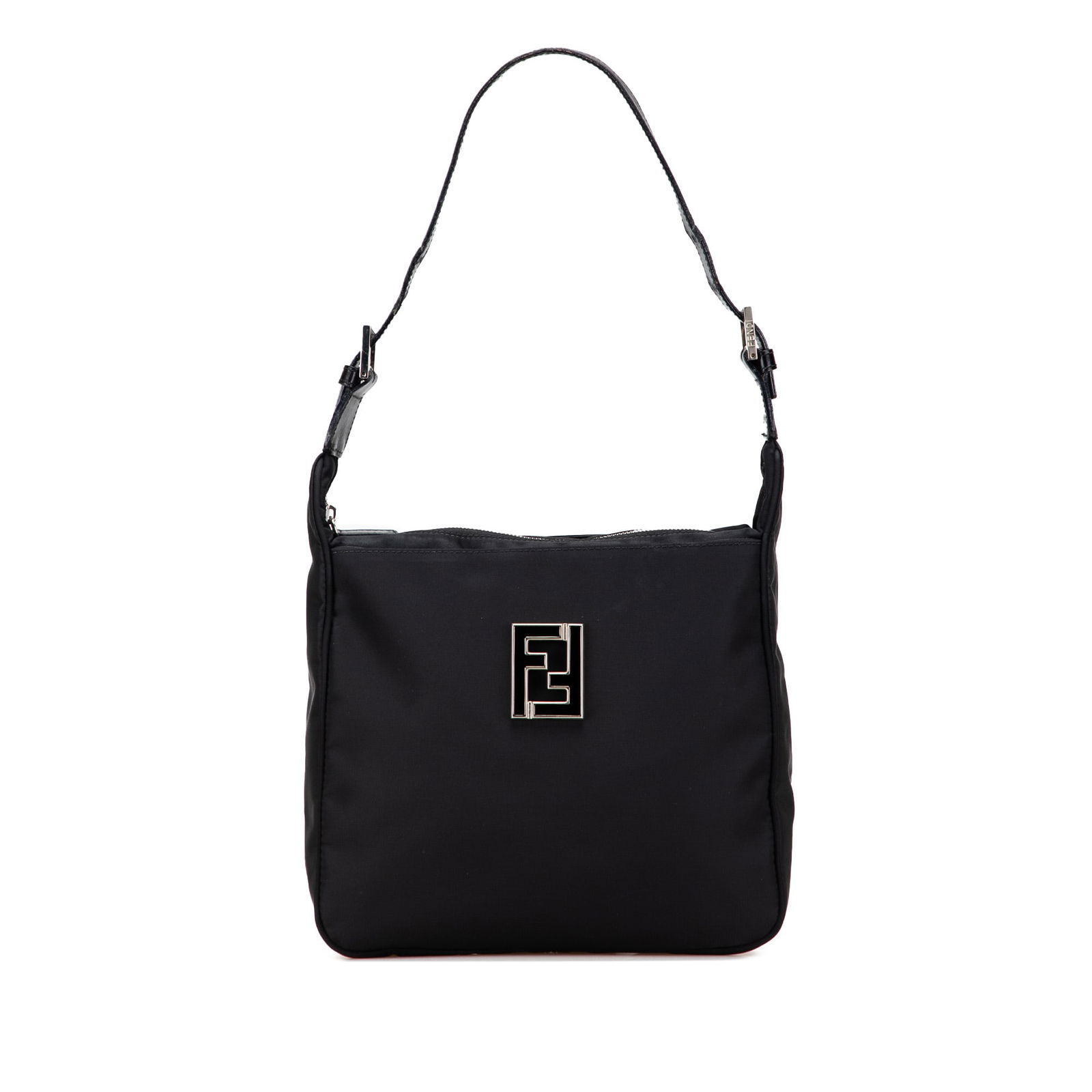 Fendi Nylon FF Black Shoulder Bag with Zip Closure: Fendi Nylon FF Black Shoulder Bag with Zip Closure The Fendi Nylon FF Shoulder Bag combines practicality with a stylish design, featuring a durable nylon body and a flat leather shoulder strap for com