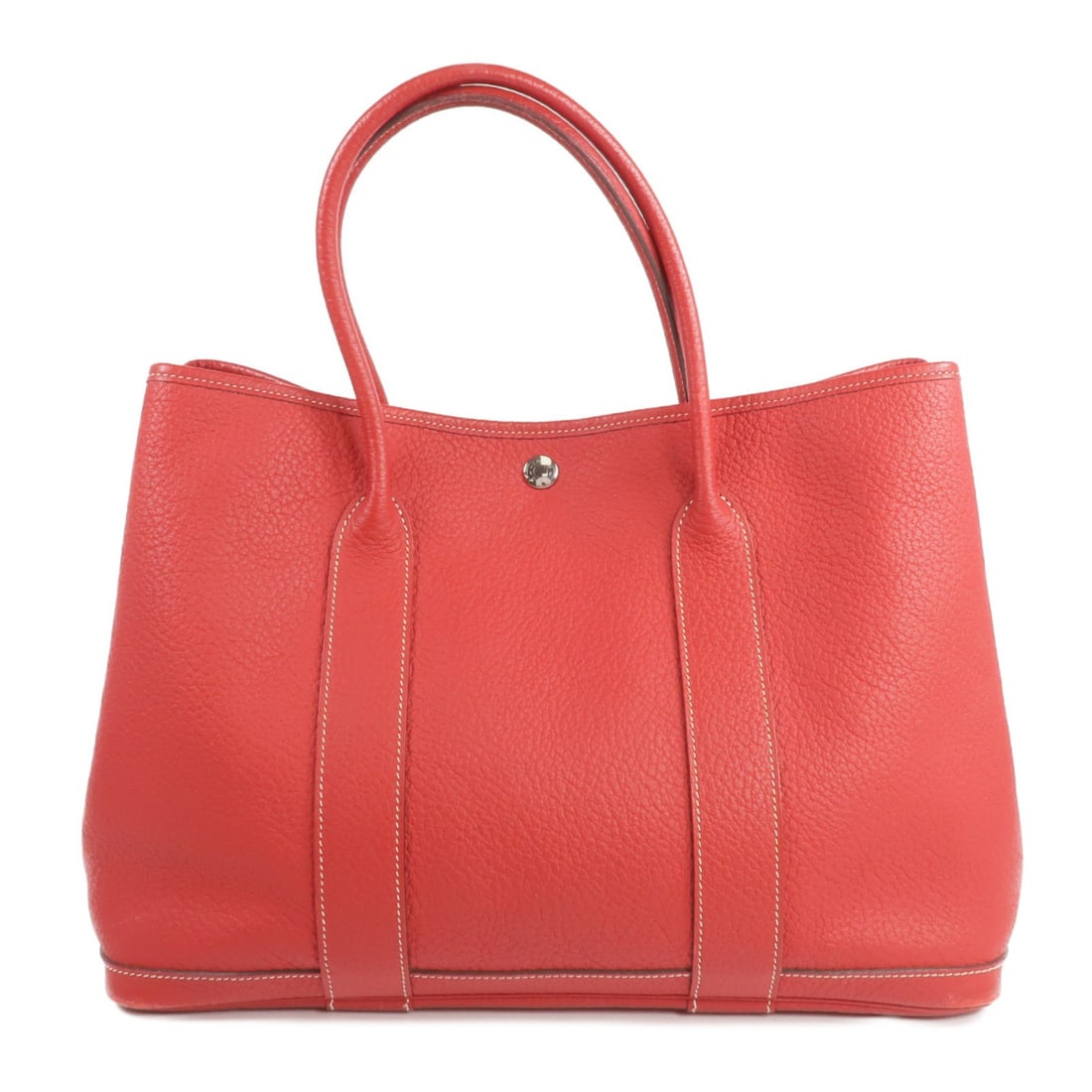 Hermes Garden Party PM Red Taurillon Clemence Leather Tote with Palladium Hardware: Hermes Garden Party PM Red Taurillon Clemence Leather Tote with Palladium Hardware This Hermes Garden Party PM tote bag is crafted from Taurillon Clemence calfskin leather in a striking red color. The