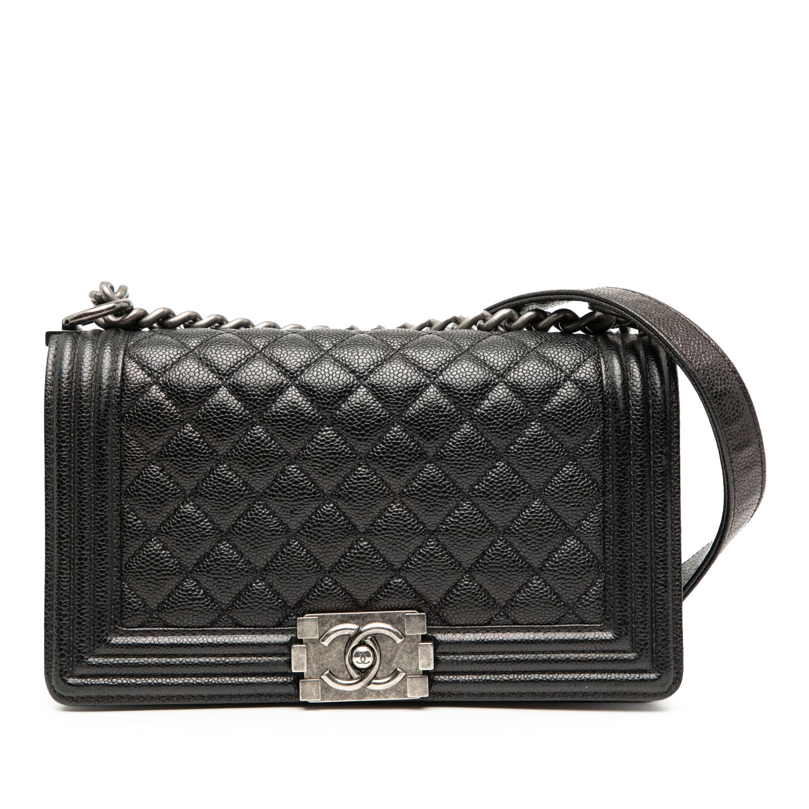 Chanel Old Medium Quilted Caviar Boy Flap Black Leather Crossbody Bag: Chanel Old Medium Quilted Caviar Boy Flap Black Leather Crossbody Bag The Chanel Old Medium Quilted Caviar Boy Flap is an elegant crossbody bag crafted from luxurious quilted caviar leather. It featur