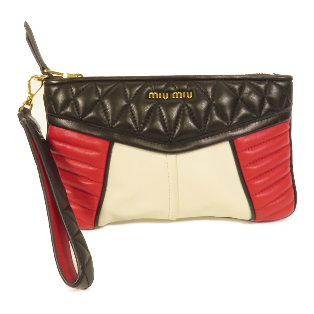 Miu Miu GHW Black Red Lambskin Pouch Clutch Bag: Miu Miu GHW Black Red Lambskin Pouch Clutch Bag Elevate your style with this stunning MIU MIU Pouch Clutch Bag, expertly crafted from luxurious lambskin leather in a classic black color. This stylish