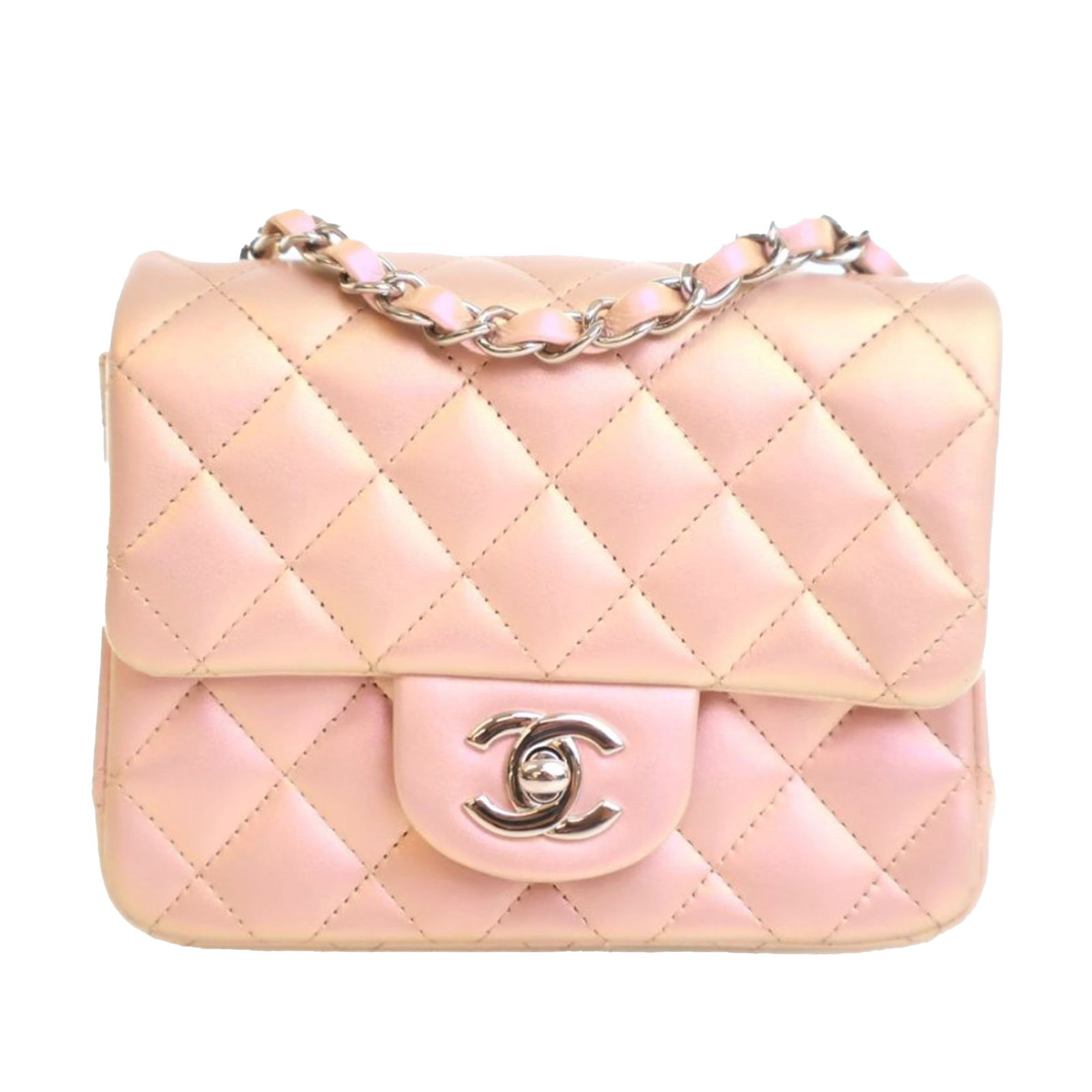 Chanel Mini Square Classic Pink Iridescent Flap Bag: Chanel Mini Square Classic Pink Iridescent Flap Bag Introducing the Chanel Mini Square Classic Iridescent Calfskin Single Flap, a luxurious crossbody bag crafted from quilted calfskin leather. This st