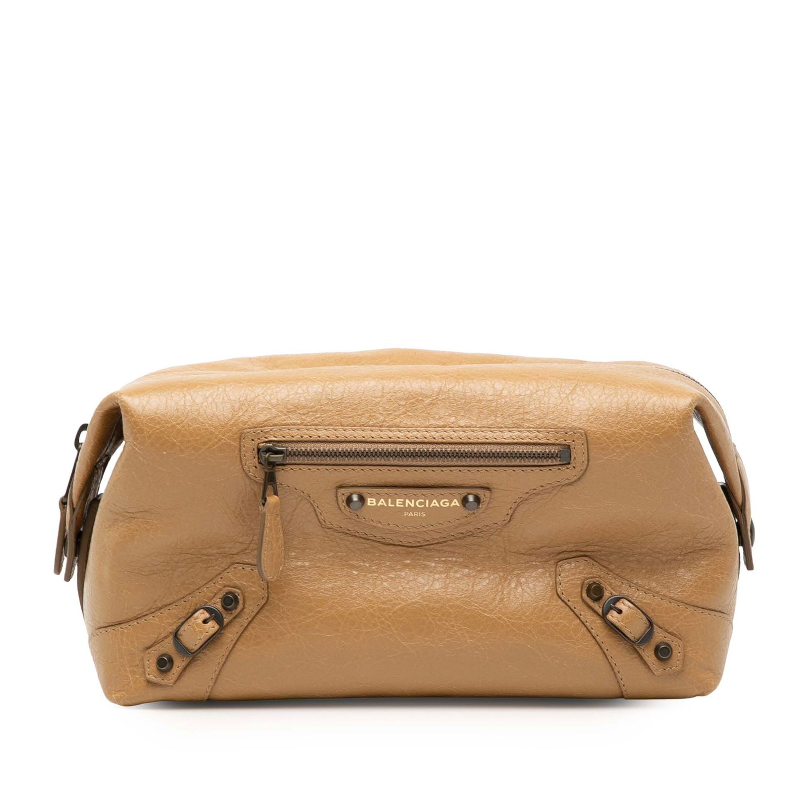 Motocross Classic Toiletry Pouch in Lambskin Leather by Balenciaga: Motocross Classic Toiletry Pouch in Lambskin Leather by Balenciaga This Balenciaga Motocross Classic toiletry pouch is crafted from lambskin leather in brown and features a top zip closure, an exterio