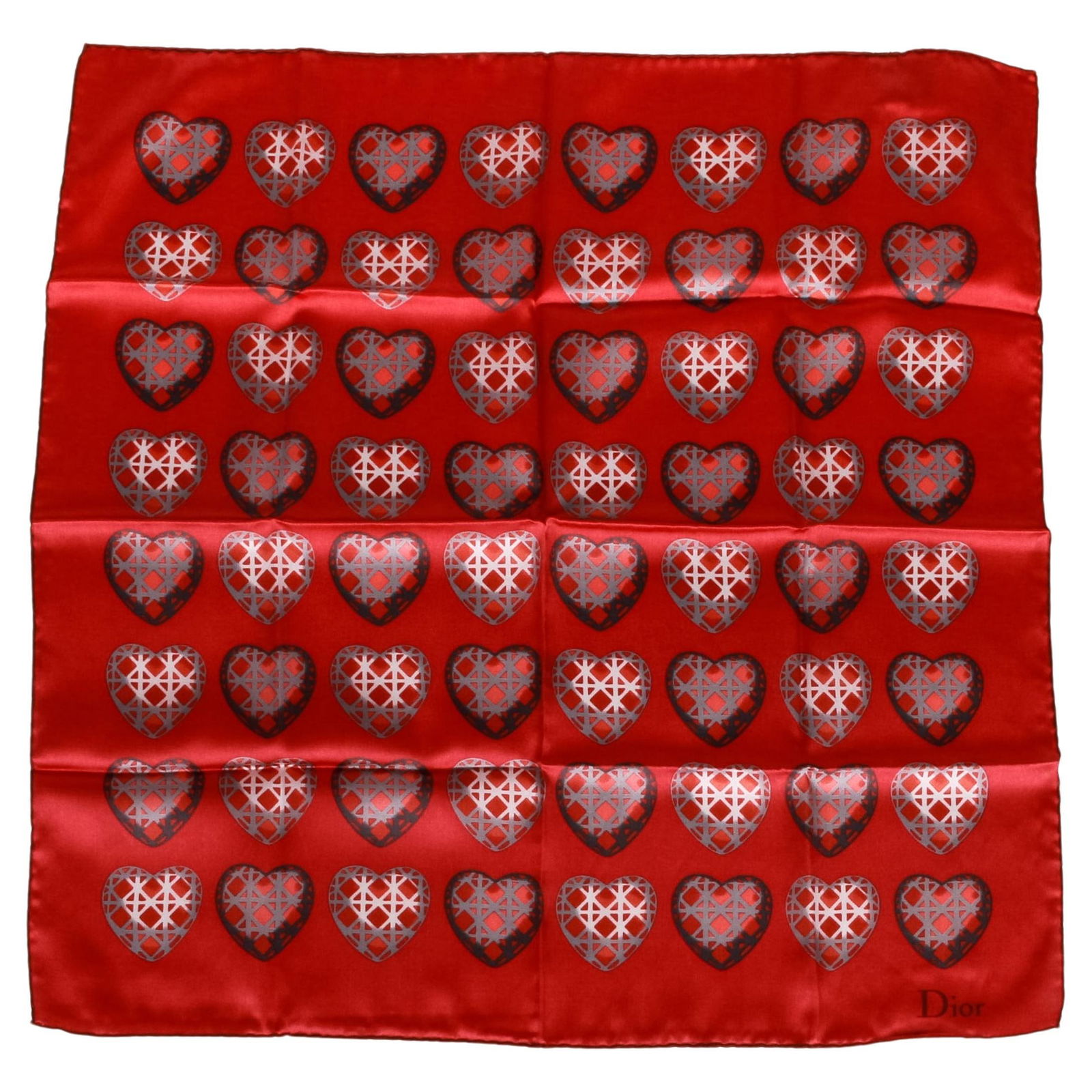 Christian Dior Rust Hearts Small Silk Cotton Scarf 21x21: Christian Dior Rust Hearts Small Silk Cotton Scarf 21x21 This elegant small scarf from Christian Dior features a charming rust heart pattern, crafted from a luxurious blend of 60% silk and 40% cotton.