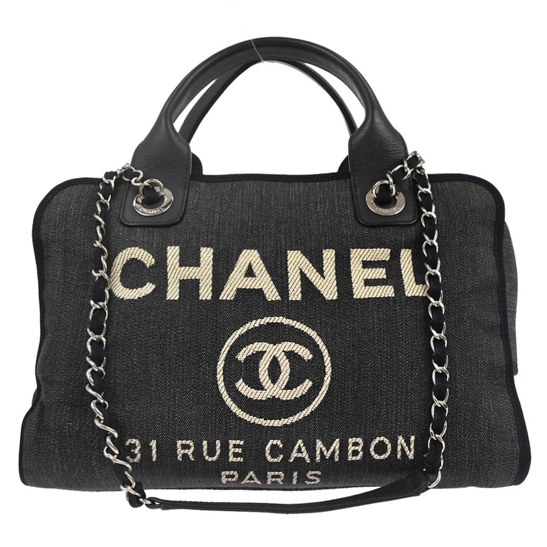 Chanel Deauville Navy Canvas Leather Top Handle Bowling Bag (1 of 10)