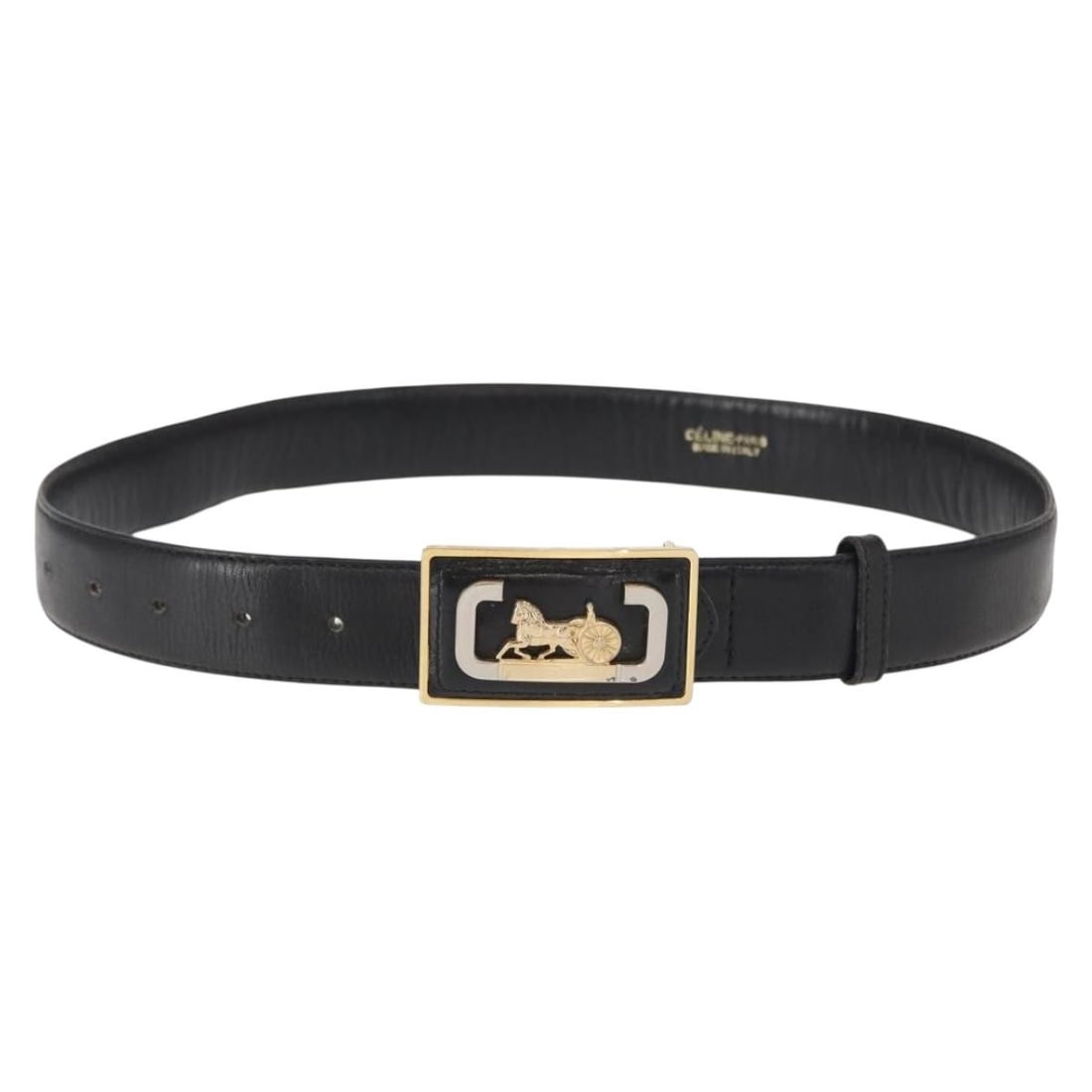 Celine Women's Black Belt 80cm Pre-Owned: Celine Women's Black Belt 80cm Pre-Owned This pre-owned Celine black belt is designed for women and remains in good condition. It shows signs of use, including rubbing, slight loss of shape, some stai