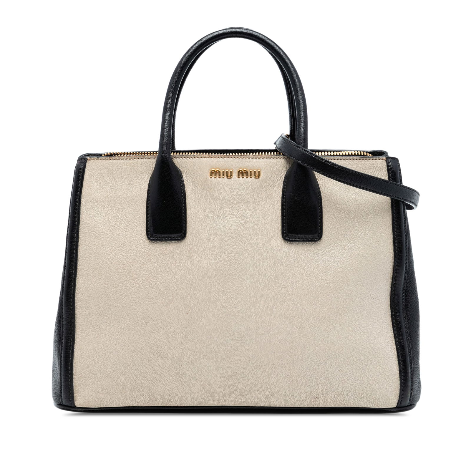 Miu Miu Madras Bicolor Goatskin Leather Satchel with Strap: Miu Miu Madras Bicolor Goatskin Leather Satchel with Strap This Miu Miu Bicolor Madras Goatskin Satchel features a striking two-tone goatskin leather exterior with rolled leather handles and a detacha