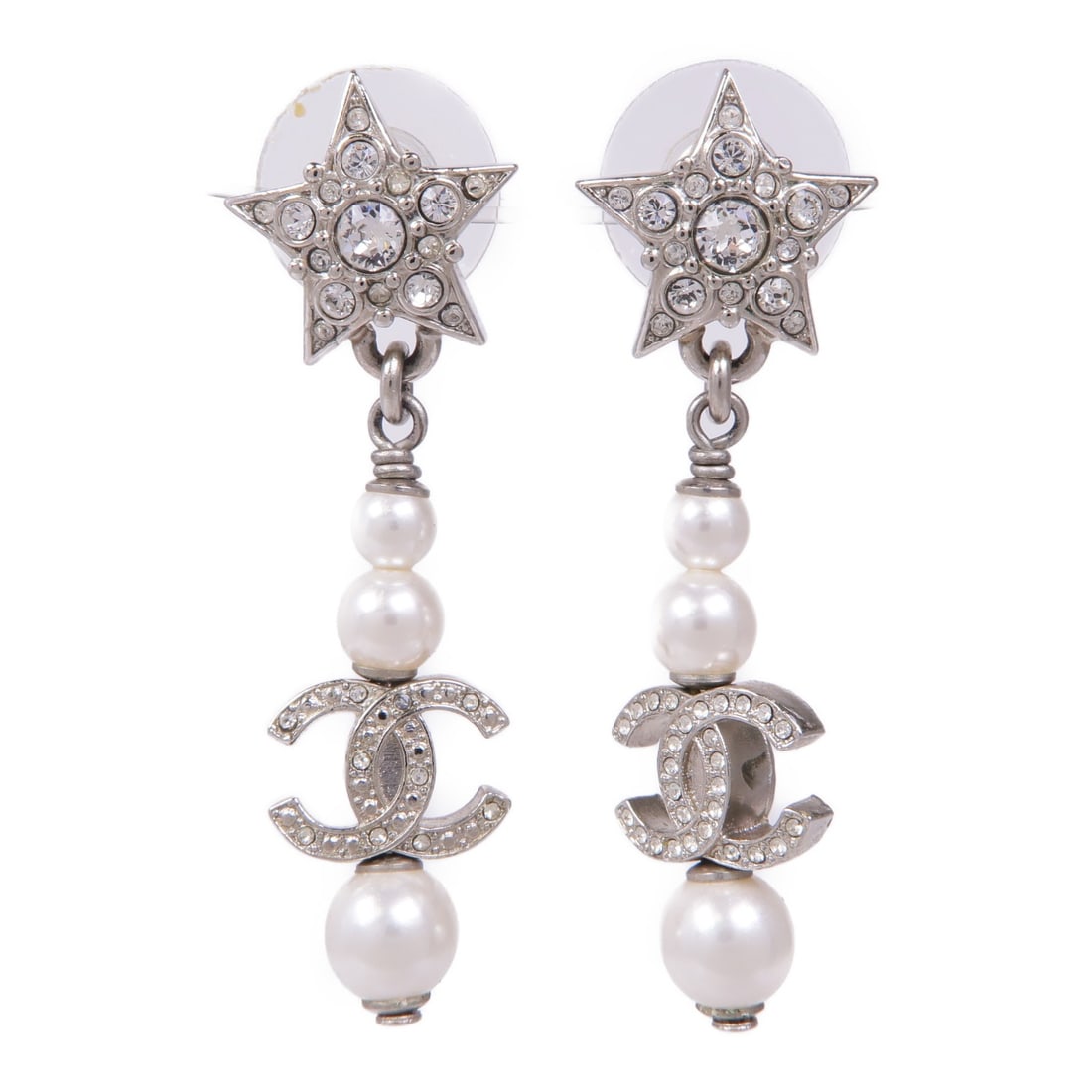 CHANEL Silver CC Pierced Earrings Elegant Accessories (1 of 8)