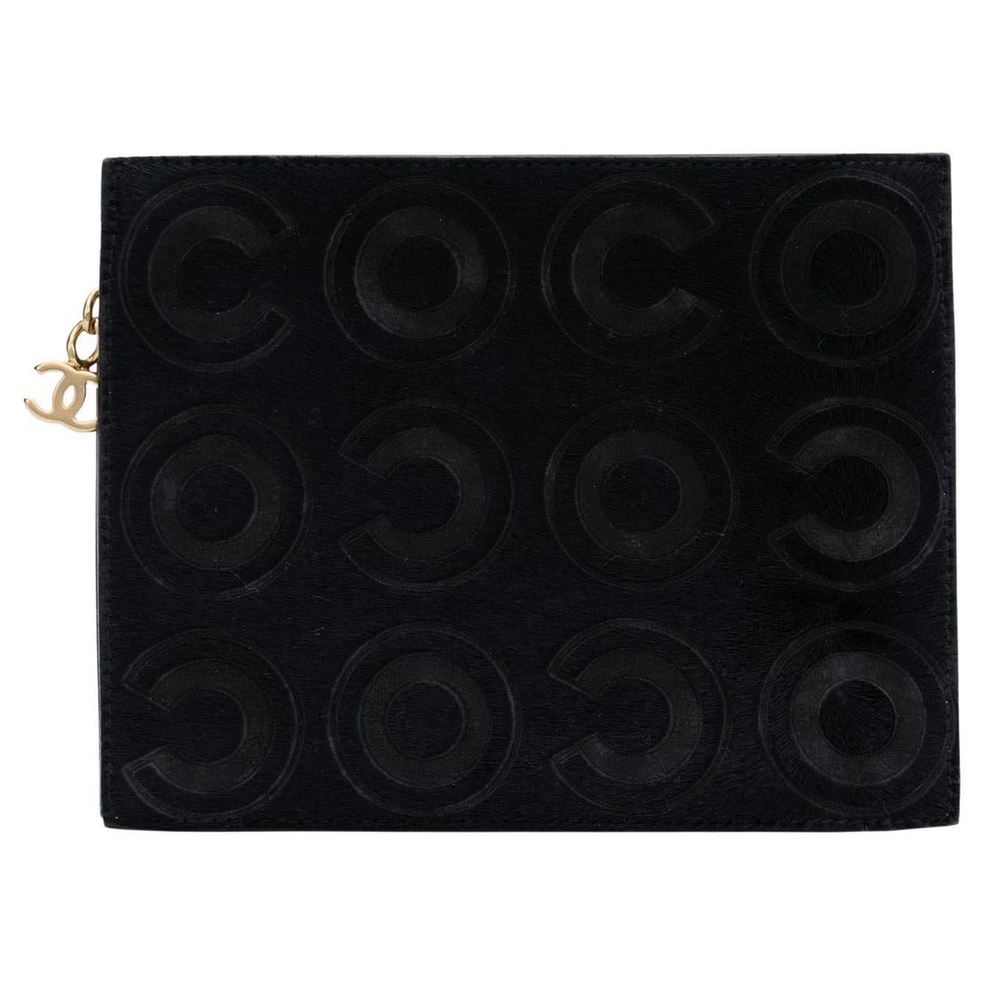 Chanel Black Pony Hair Coco Pouch Collection 6 with Hologram: Chanel Black Pony Hair Coco Pouch Collection 6 with Hologram This Chanel Coco Pouch is crafted from luxurious black pony hair, showcasing a chic and sophisticated design. It features a pink leather li
