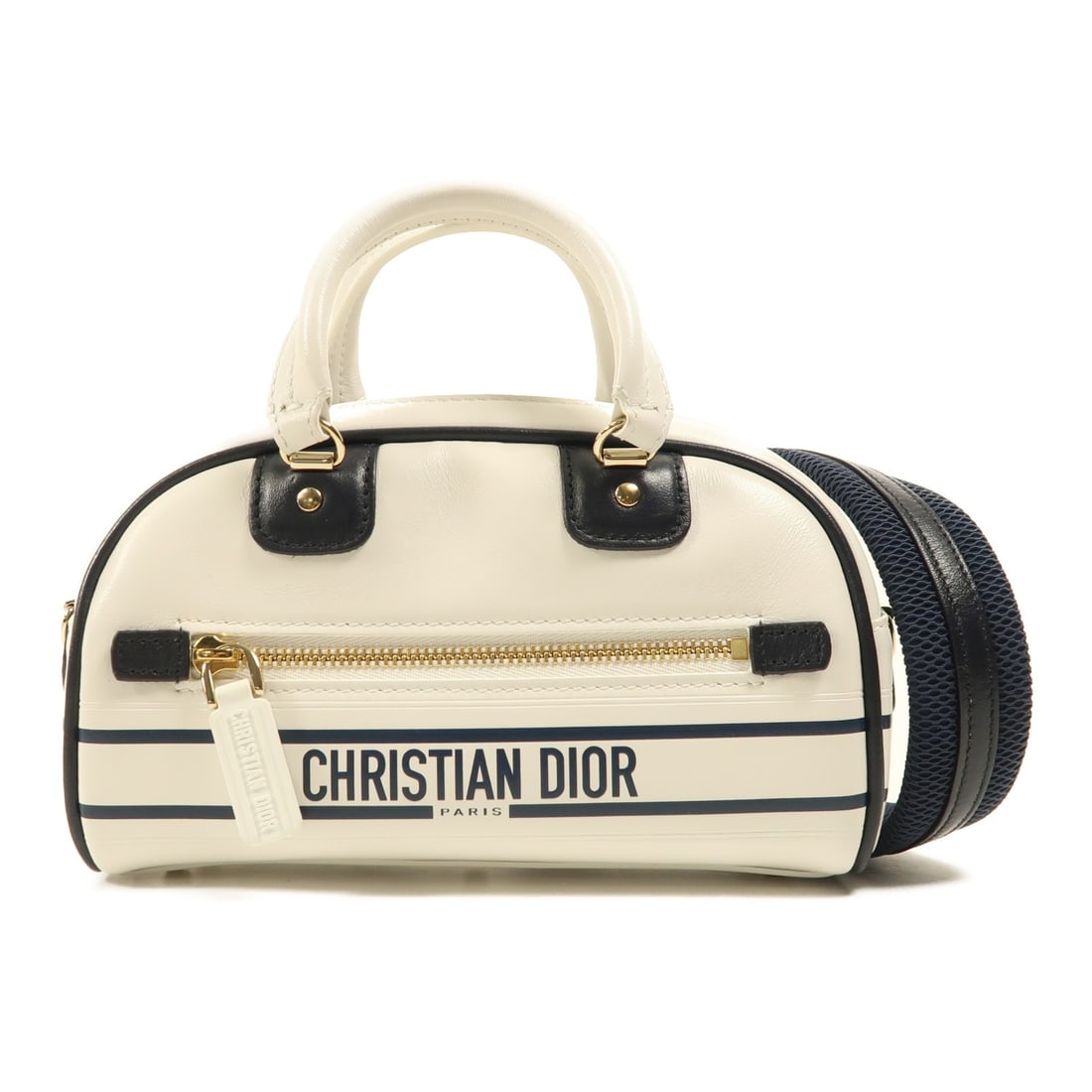 Christian Dior CD Vibe Bowling Small 2 Way Bag Calfskin White Navy (1 of 14)