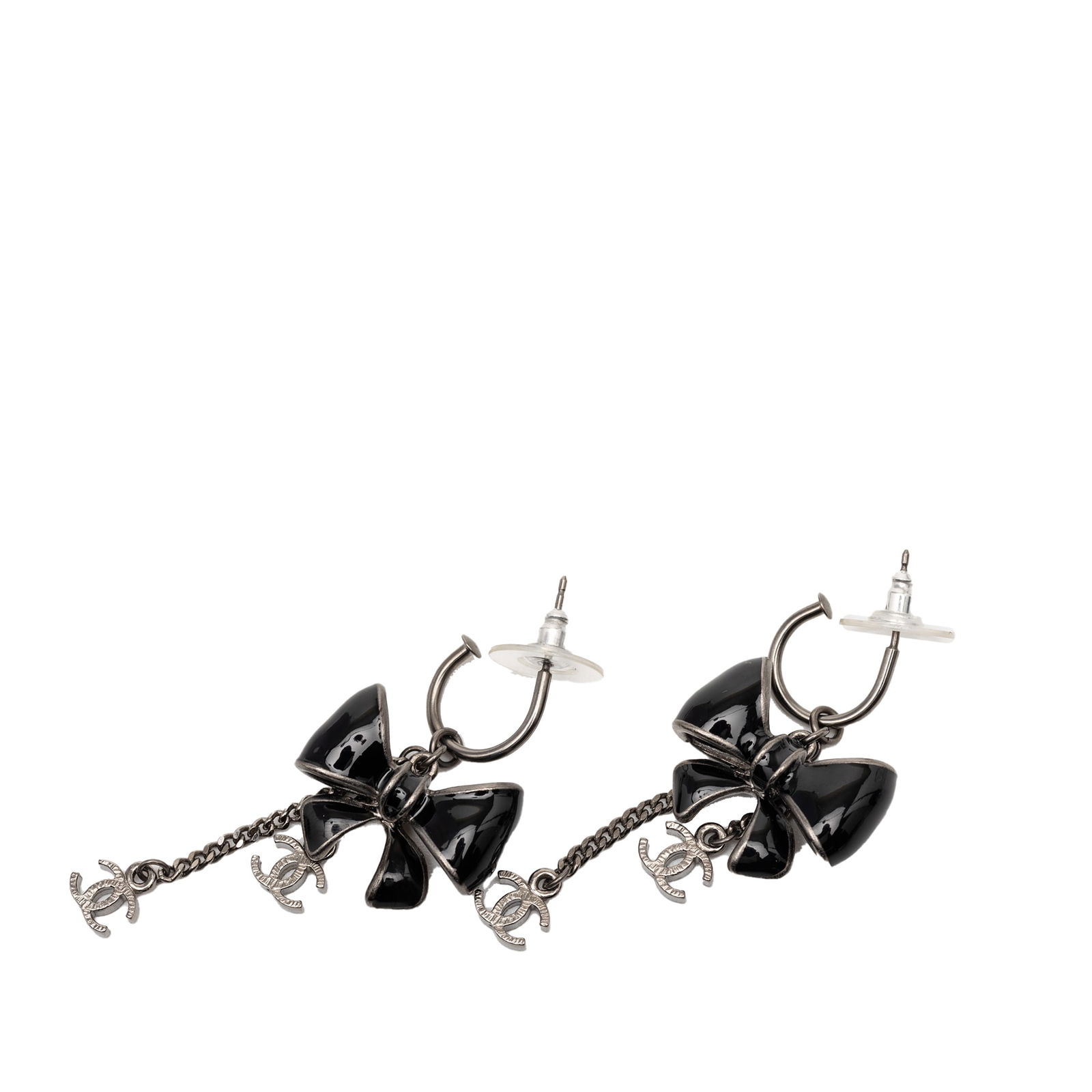 Chanel Black Enamel Bow and CC Logo Dangle Earrings with Fishhook Wires (1 of 4)