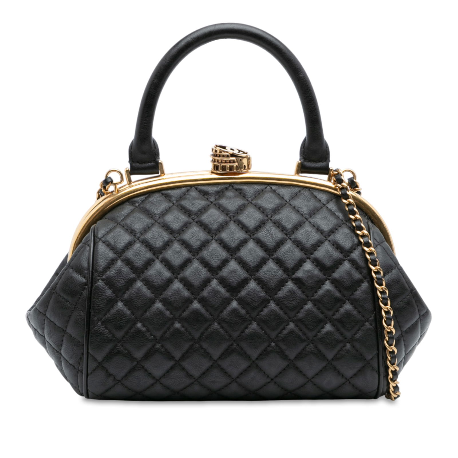 Chanel Paris Rome Quilted Calfskin Bowling Bag with Colosseum Lock: Chanel Paris Rome Quilted Calfskin Bowling Bag with Colosseum Lock This exquisite Chanel Paris Rome Quilted Calfskin Colosseum Lock Frame Bowling Bag is a must-have for any fashion aficionado. Crafted