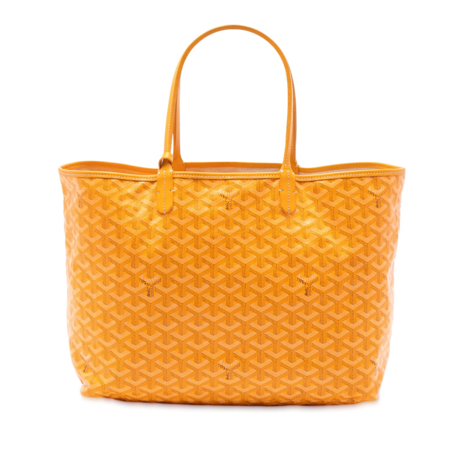 Goyard Goyardine Saint Louis PM yellow coated canvas tote with pouch: Goyard Goyardine Saint Louis PM yellow coated canvas tote with pouch This Goyardine Saint Louis PM tote features a coated canvas body in yellow, complemented by flat leather handles, an open top desig