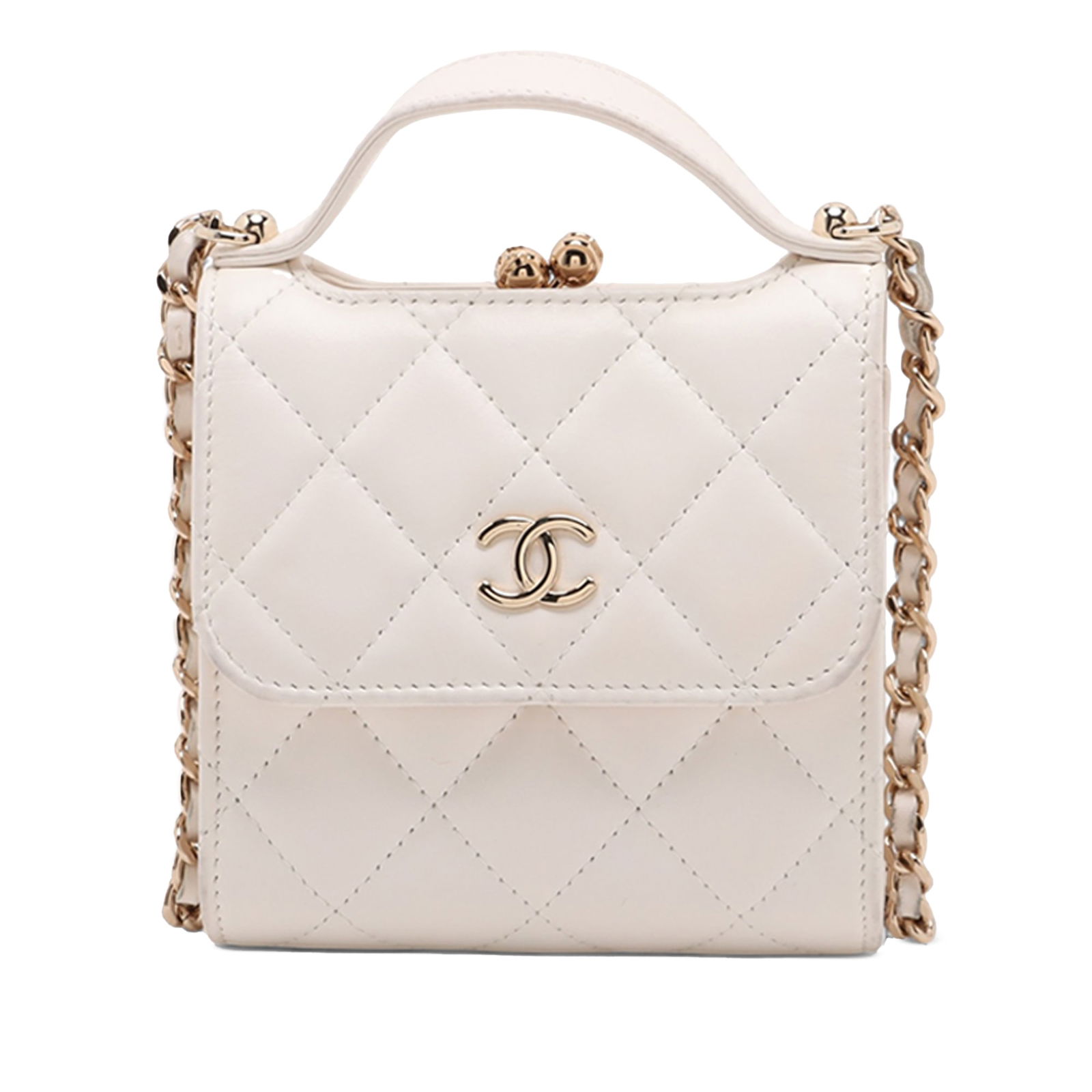 Chanel Mini CC White Quilted Lambskin Top Handle Clutch with Chain: Chanel Mini CC White Quilted Lambskin Top Handle Clutch with Chain This elegant Chanel Mini CC Quilted Lambskin Kiss Lock Frame Top Handle Clutch is crafted from luxurious quilted lambskin leather in