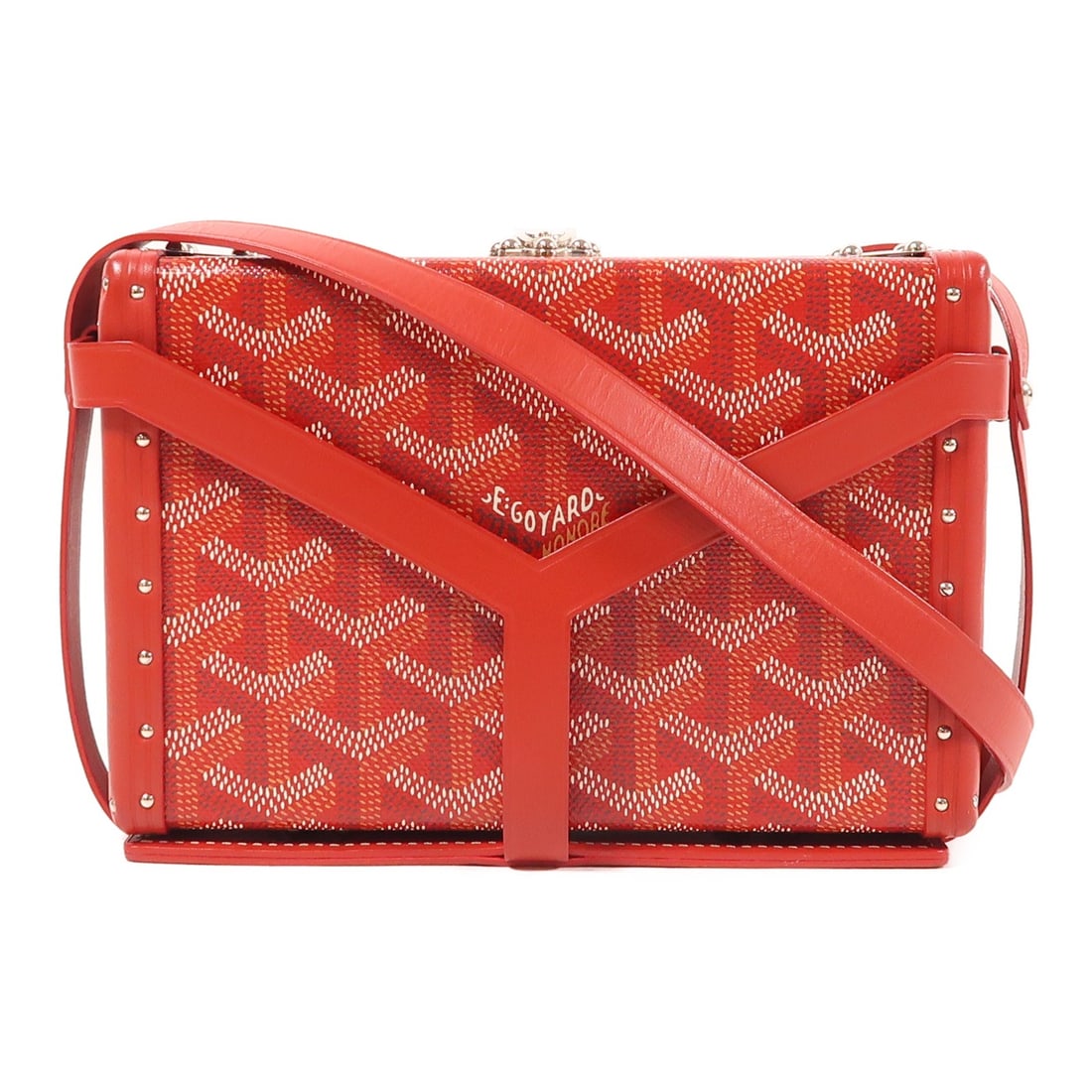 GOYARD Minaudiere Trunk Shoulder Bag Red Coated Canvas: GOYARD Minaudiere Trunk Shoulder Bag Red Coated Canvas This exquisite Goyard Minaudiere Trunk Shoulder Bag features a striking red exterior crafted from durable PVC coated canvas. Designed for stylish
